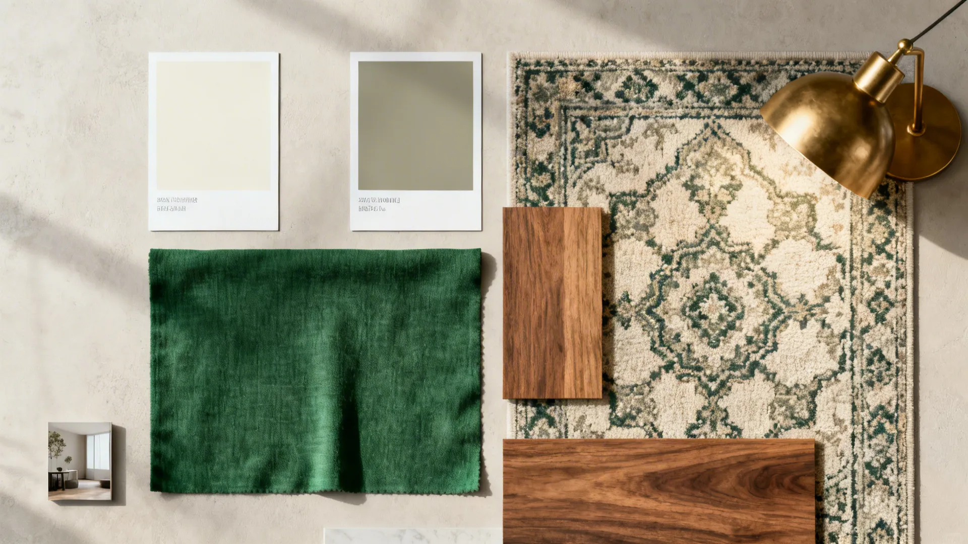 Flatlay mood board showing neutral paint swatches, a green fabric accent, patterned rug sample and wood finish.
