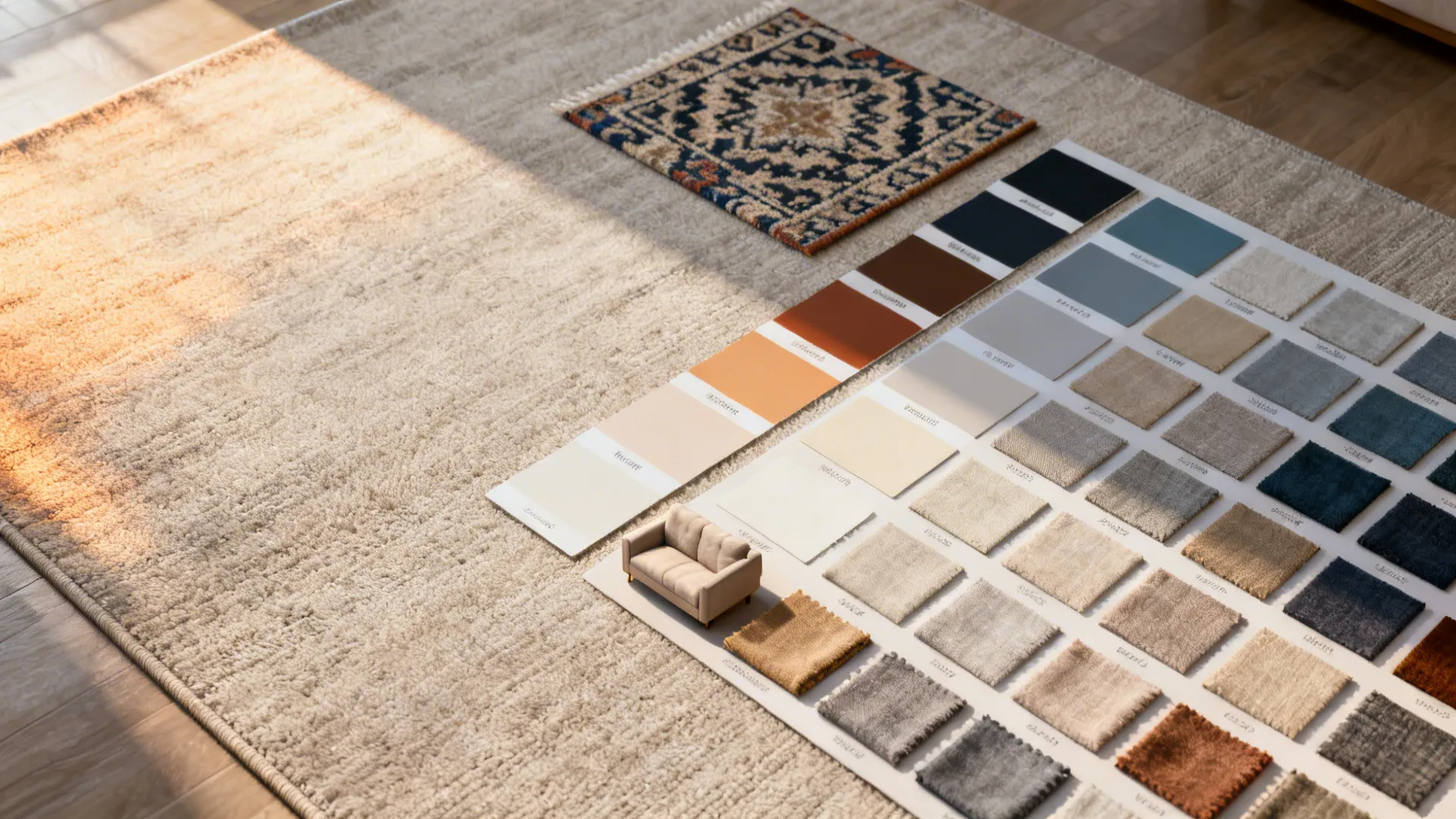 Flatlay of rug swatches, paint chips, and sofa fabric to test color, pattern, and scale.