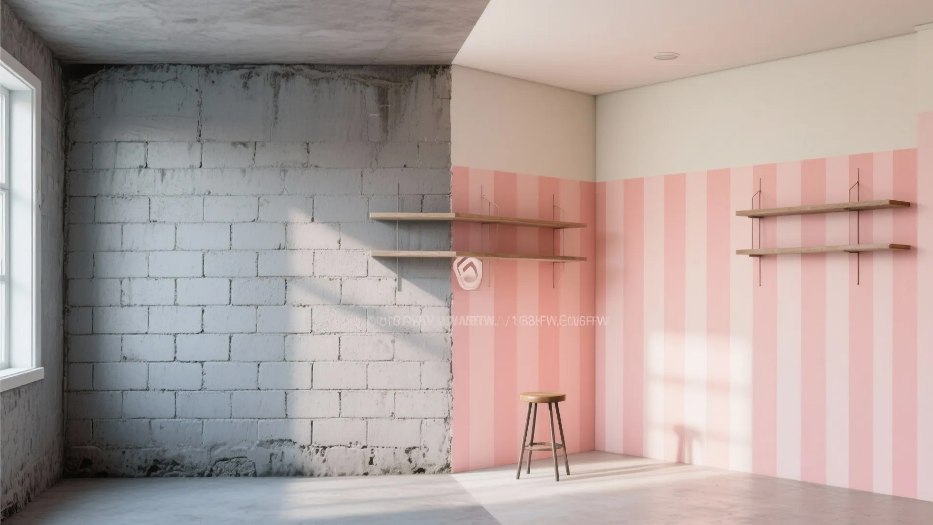 Before-and-after of a cinder block wall: plain on left, vertical stripes and lighter upper band on right to change scale.