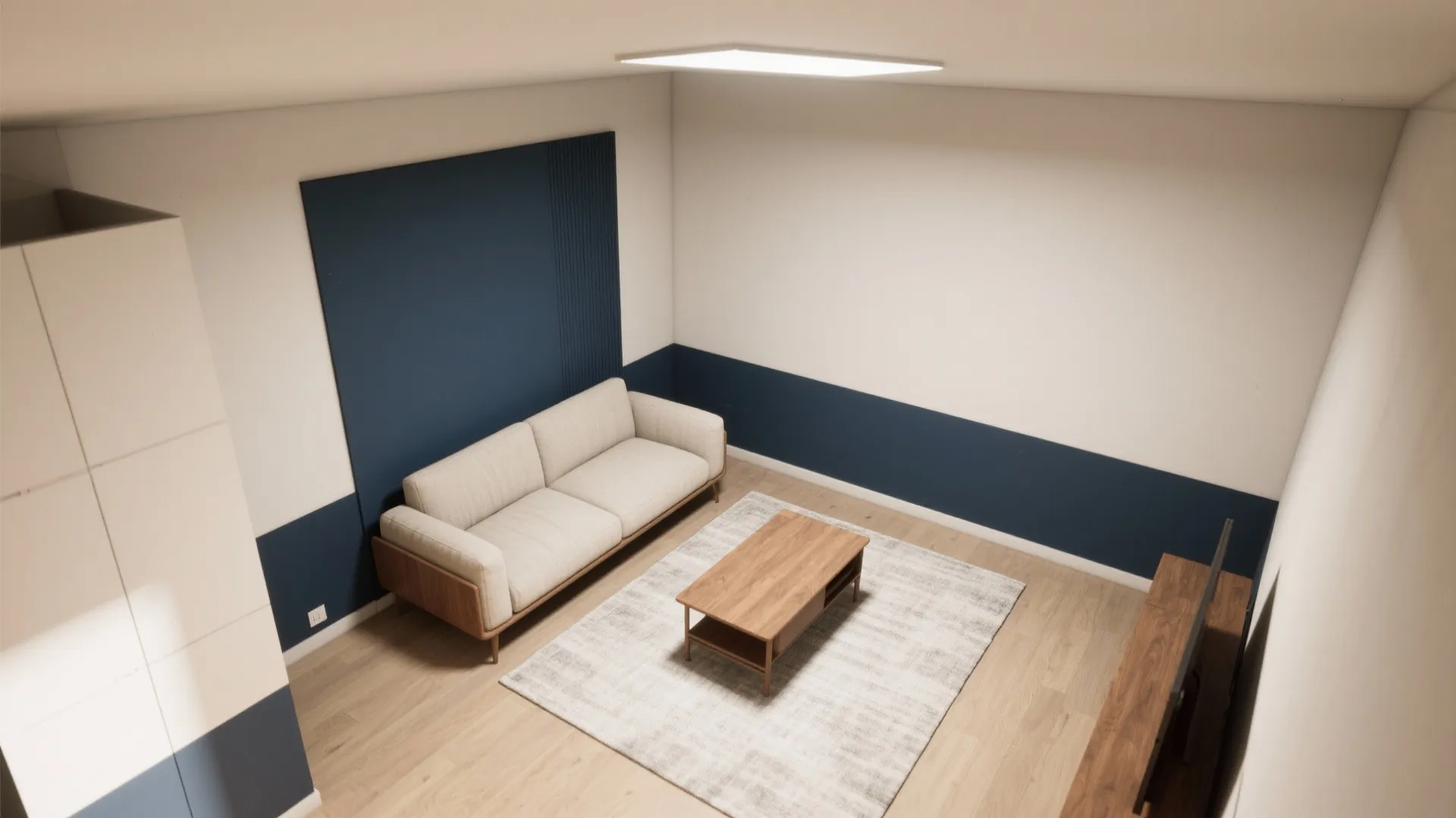 Interior design drawing of living room featuring white sofa wooden coffee table and blue walls