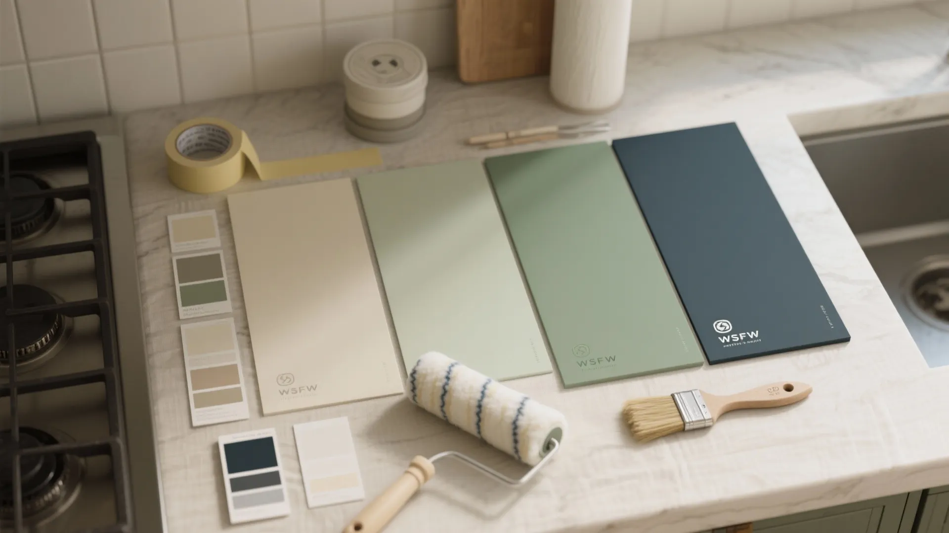 Various green and blue paint color samples with a paint roller on a kitchen counter