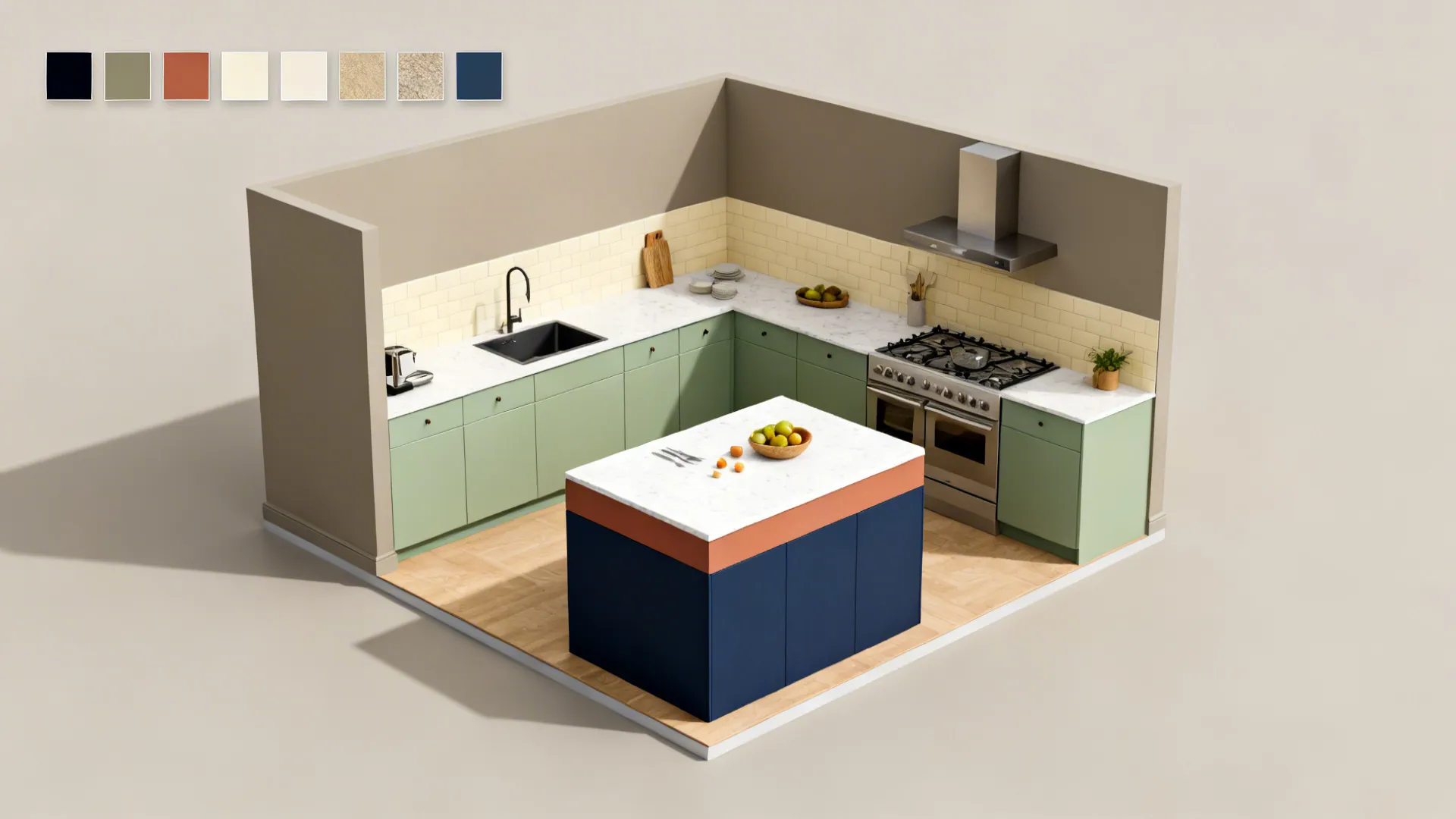 Modern interior design drawing of kitchen with green cabinets, blue island, stove, and color palette