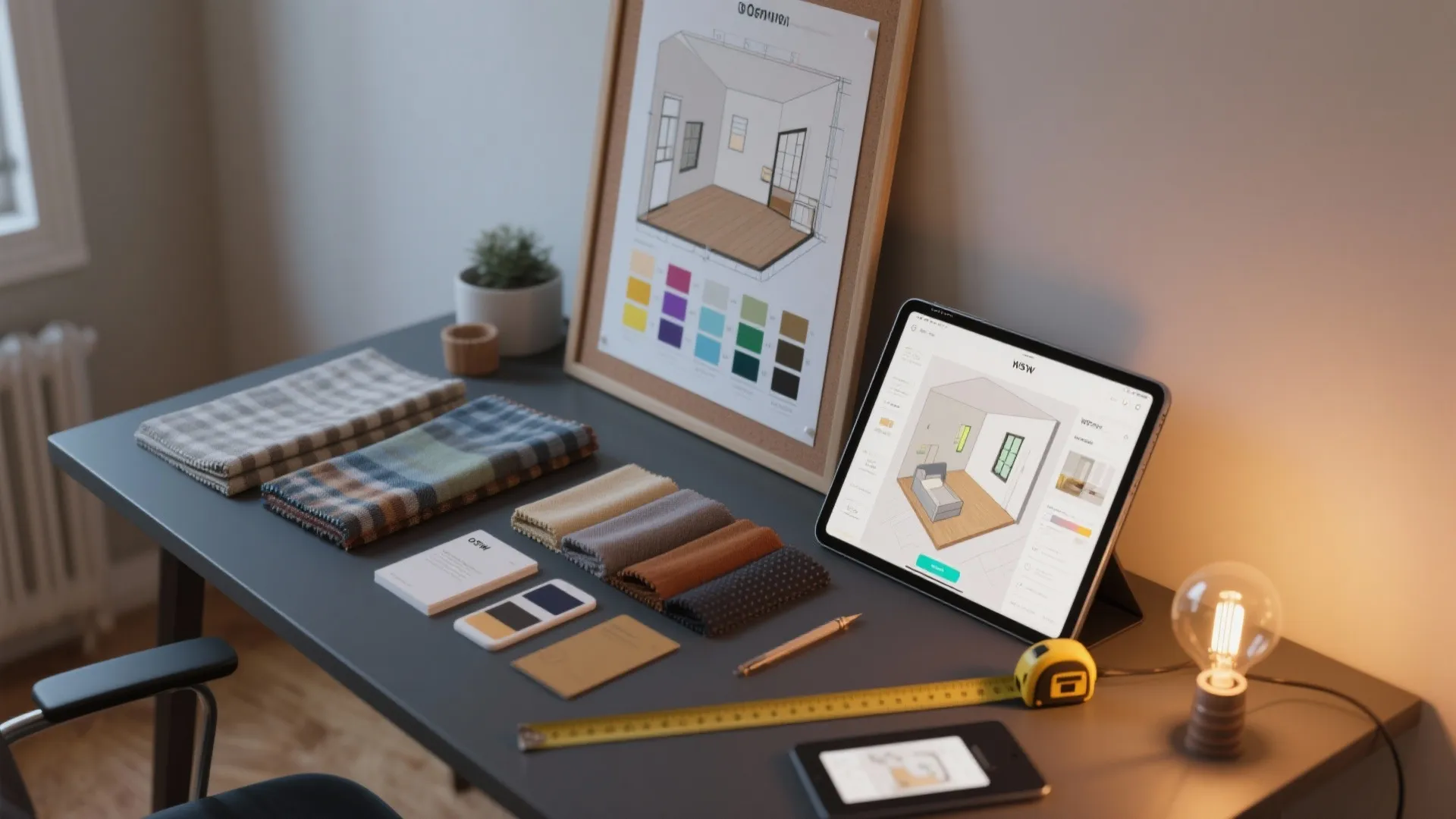 Top-down view of paint samples, fabric swatches and a tablet with a room planner for testing palettes.