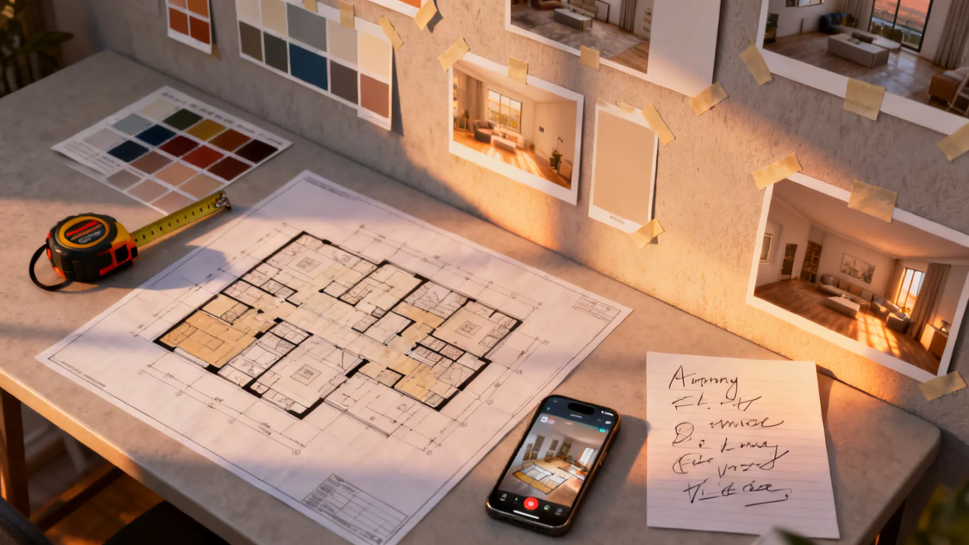 Top-down shot of floor plan, paint swatches and a 3D planner app for testing colors