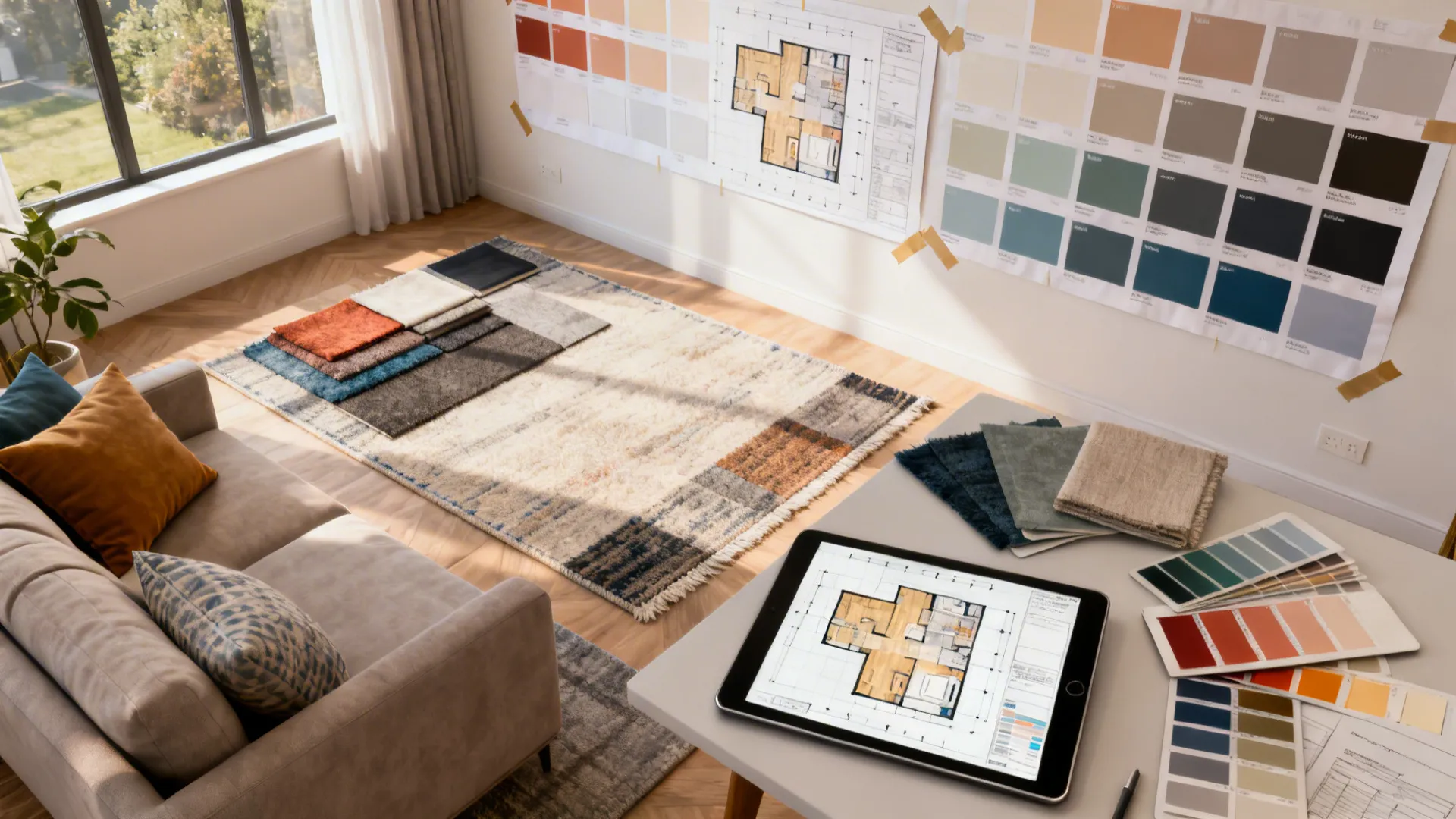 Top-down view of paint swatches, fabric samples and a tablet with a 3D room planner