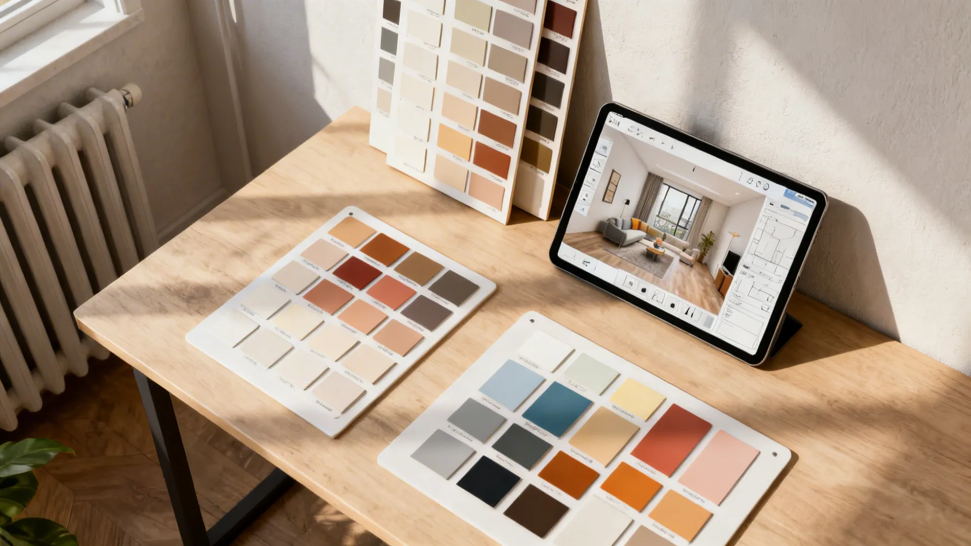 Top-down flatlay of paint swatches, sample panels and a tablet with a 3D room planner.