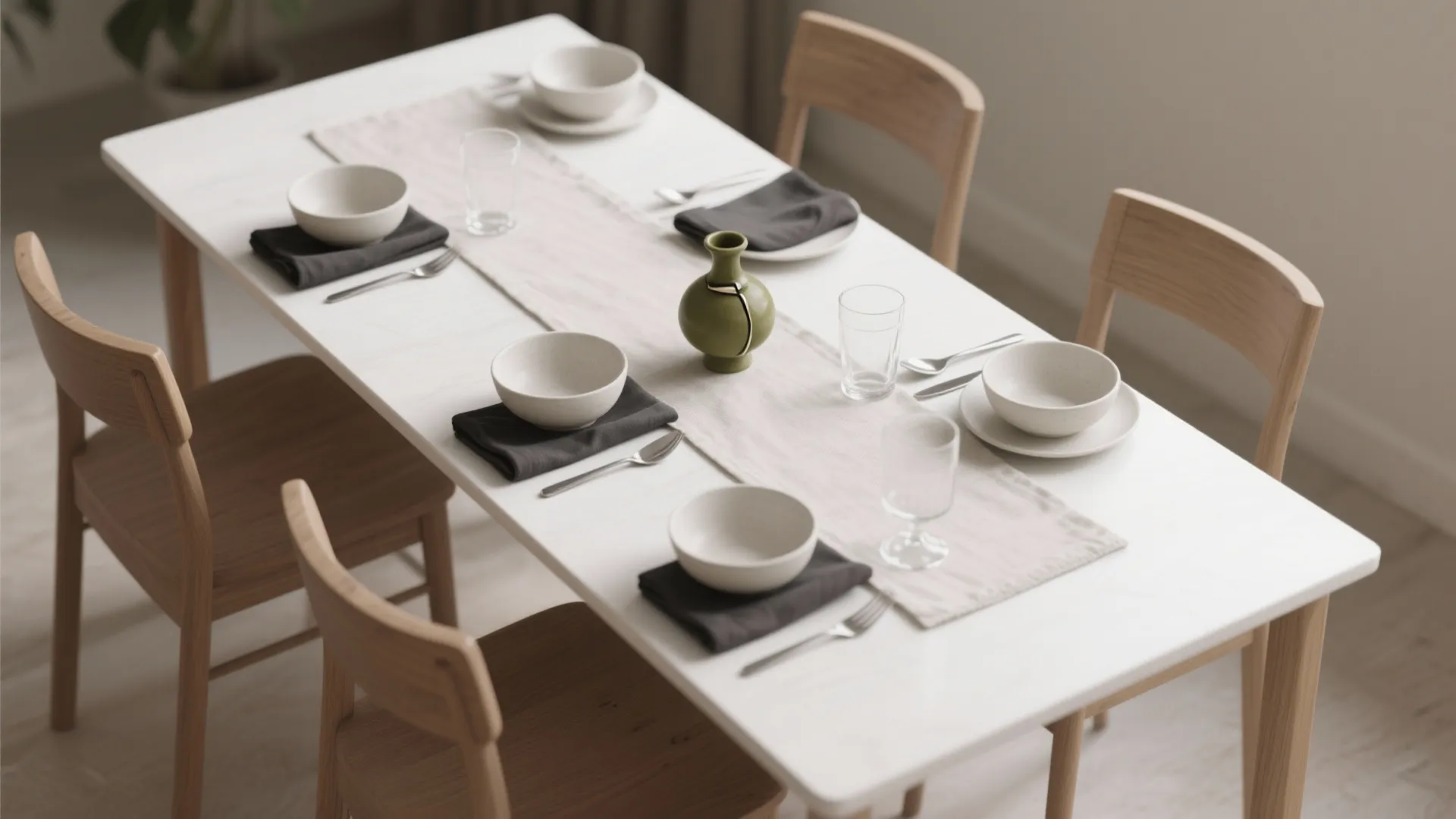 Modern white dining table with wooden chairs beige table runner grey napkins and white ceramic bowls