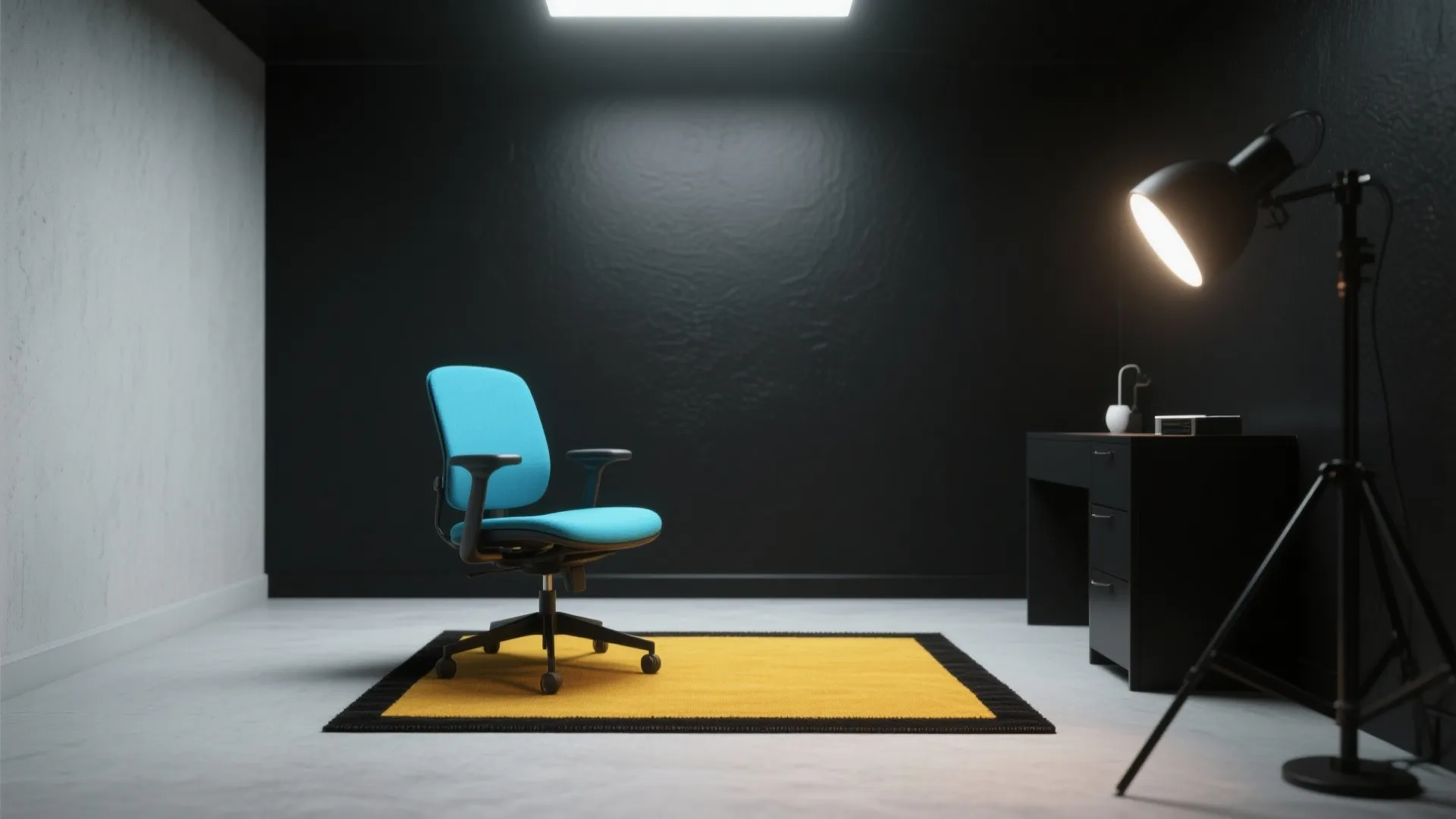 Minimalist studio with blue desk chair yellow rug black wall floor lamp and a small desk
