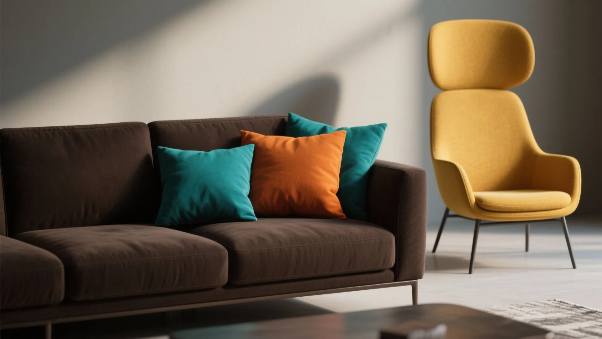 Dark brown sofa highlighted by teal and burnt orange cushions with a mustard accent chair.
