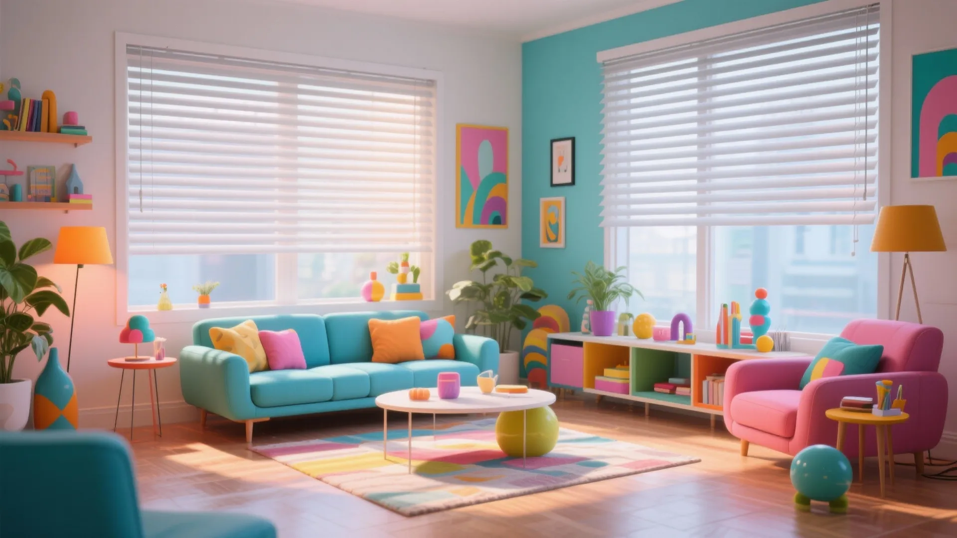 Vibrant living room with brightly colored aluminum blinds