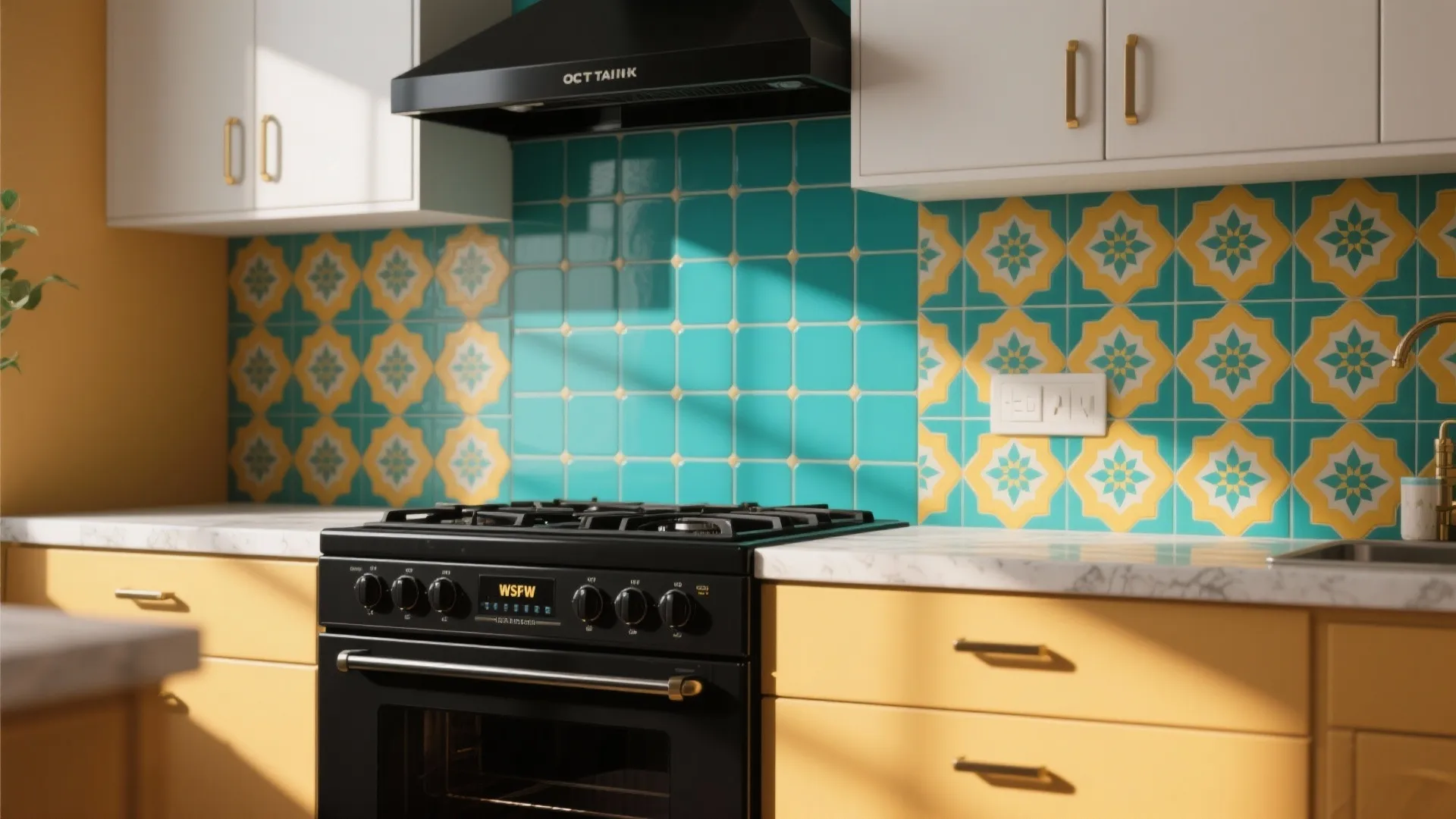 4. Black Appliances with Color Pop Backsplash