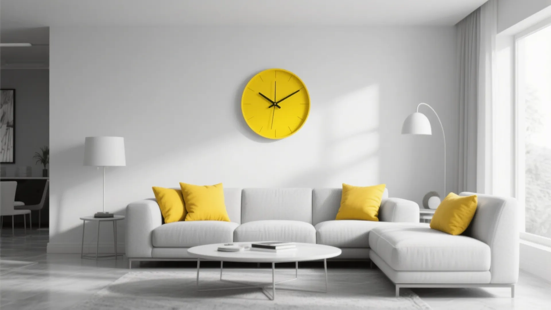 Modern living room with bold yellow wall clock