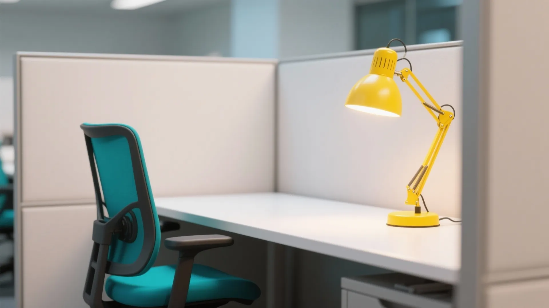 Minimalist office workspace featuring a teal chair white desk and a bright yellow desk lamp