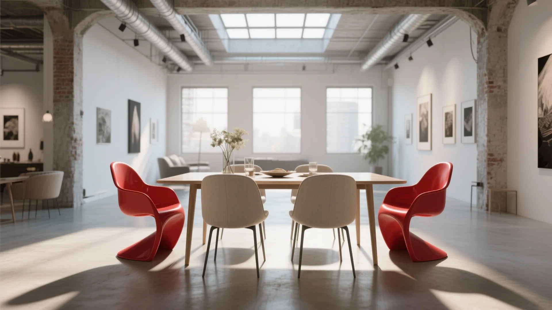 Modern dining area with red plastic chairs and wooden table in a large open room