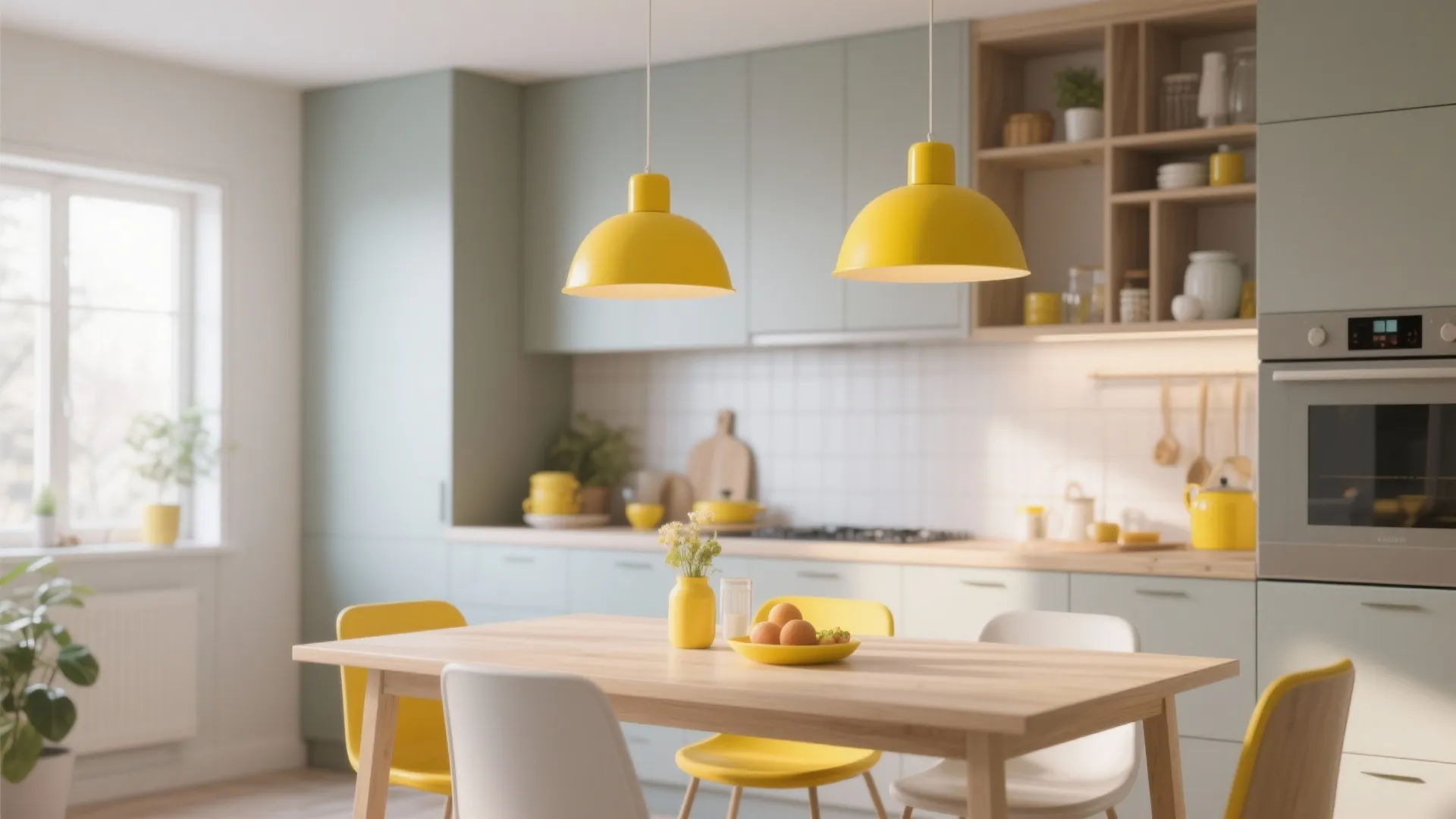 Modern bright kitchen featuring yellow ceiling lights wooden dining table colorful chairs and light cabinets