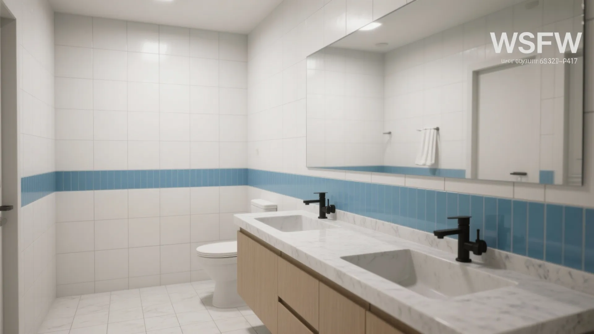 Modern bathroom with white wall tiles blue stripe wood cabinet marble double sink and black faucets