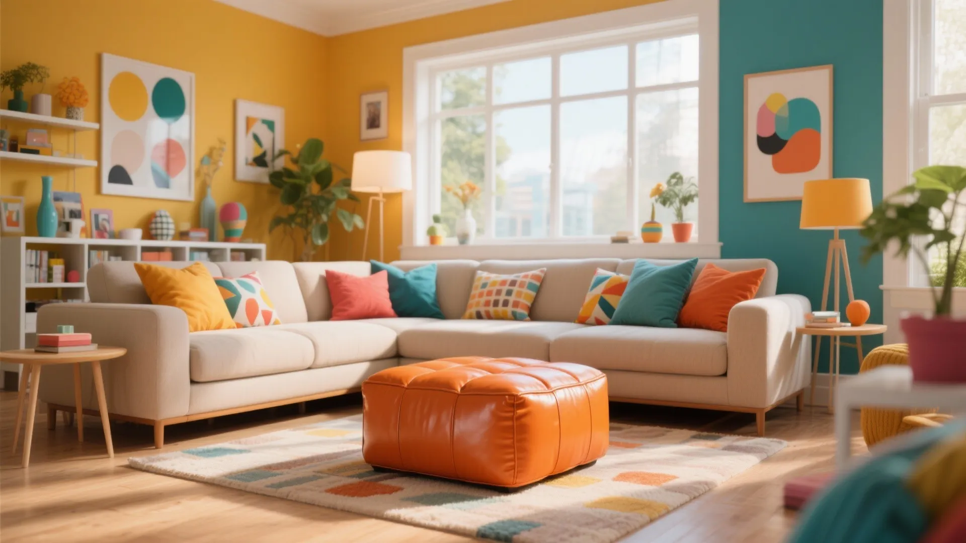10. Pops of Color with Leather Ottomans
