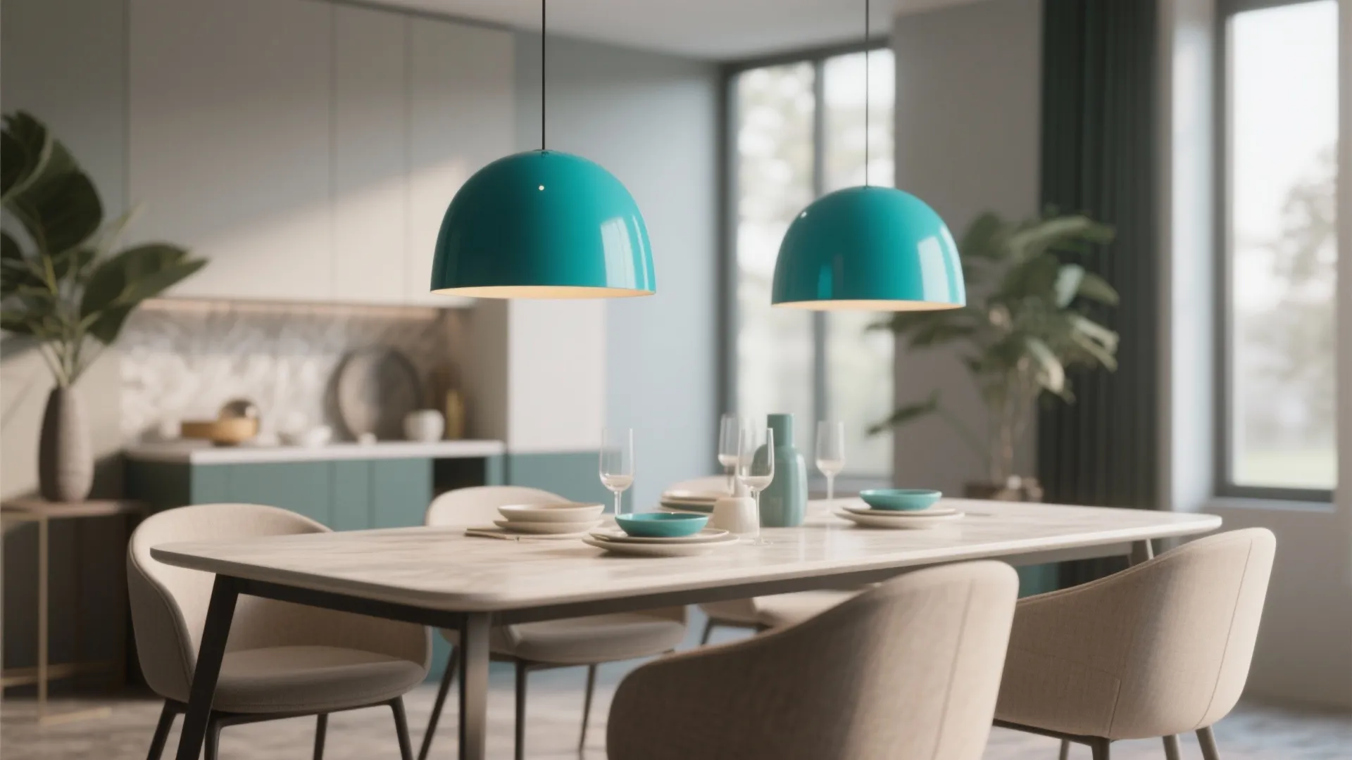 Modern dining area with two teal ceiling lights above a wooden table with beige chairs