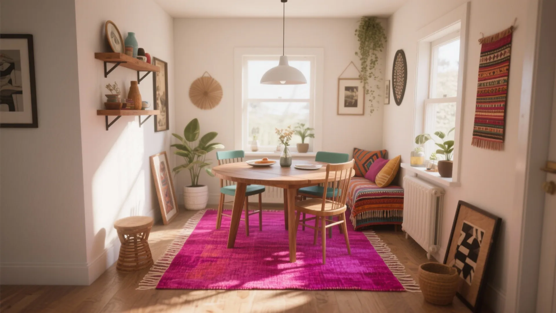 Bright pink rug under round wooden table and chairs in sunny room with white walls