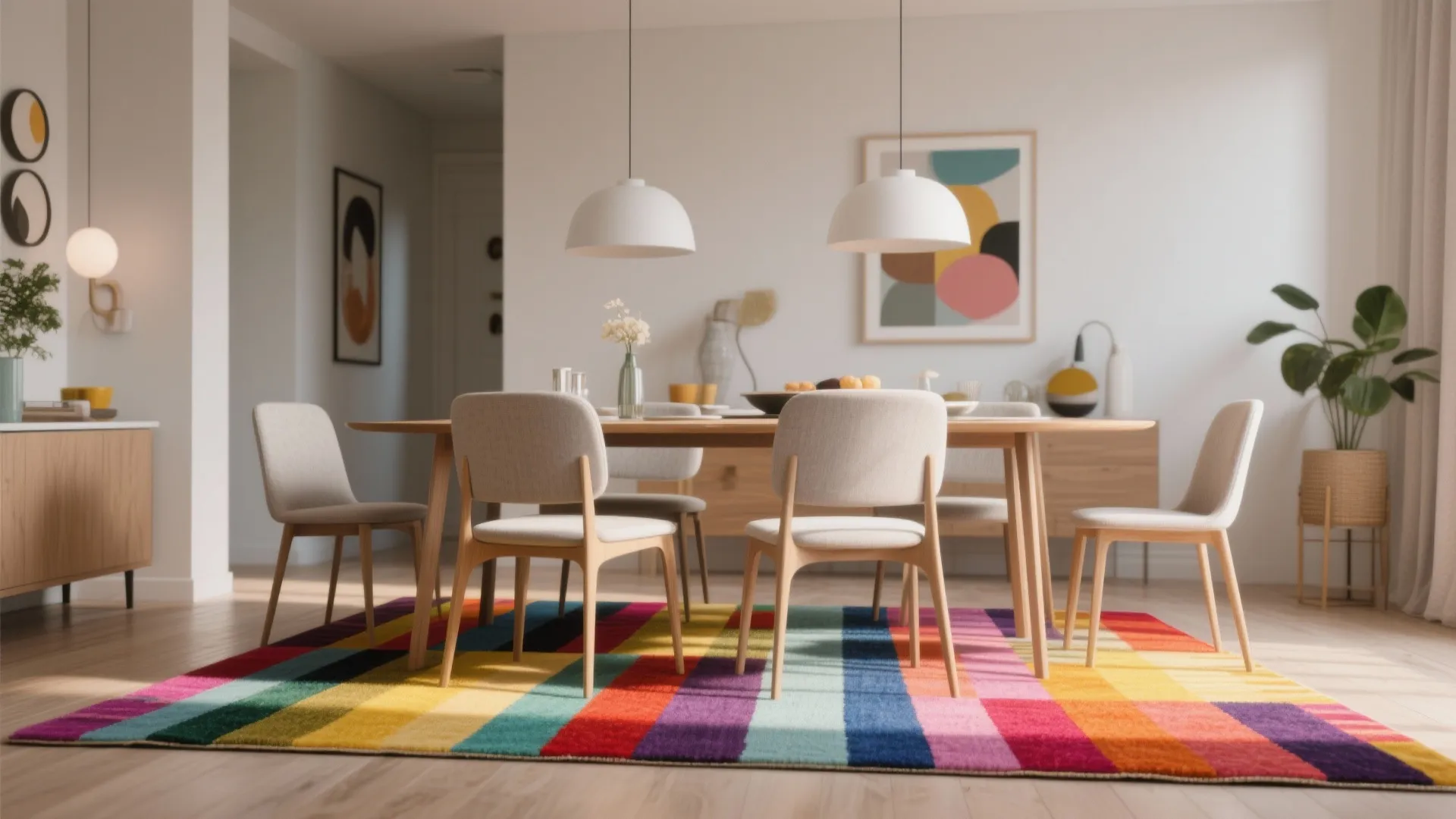 Bright dining room with colorful striped rug, wooden table, beige chairs, two white ceiling lights
