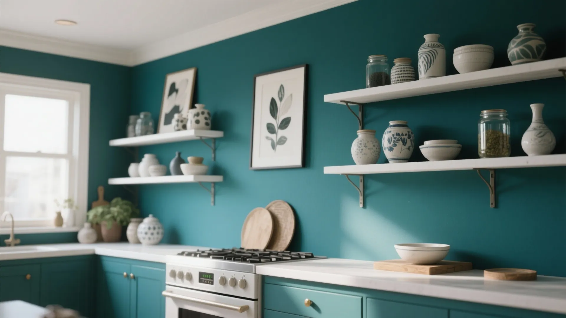 Teal kitchen wall with white shelves holding decorative ceramic pots and jars above a white stove