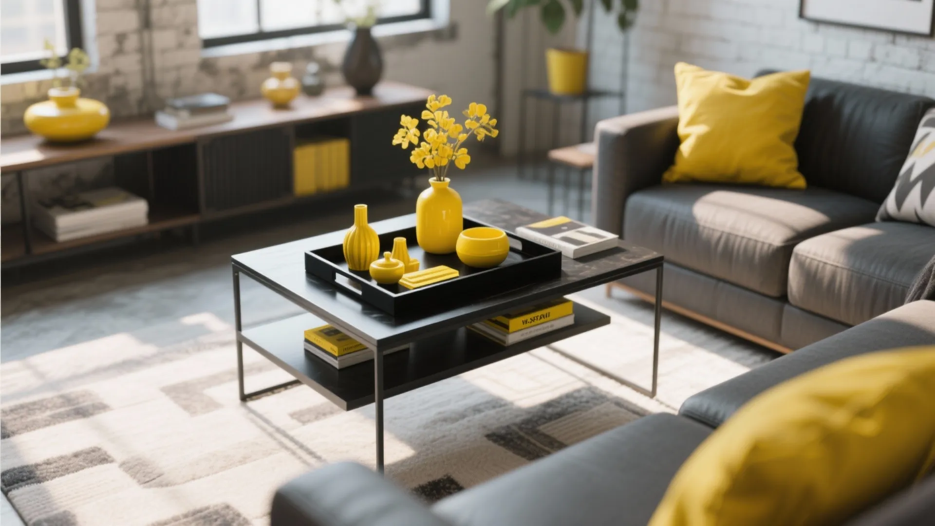 Modern living room featuring a black coffee table with yellow vases and matching decorative pillows