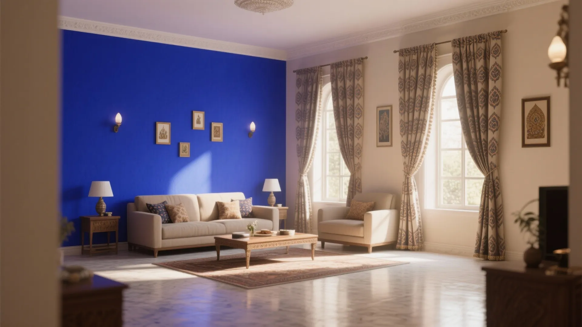 Modern living room featuring a bright blue wall cream sofa wooden table and large patterned curtains
