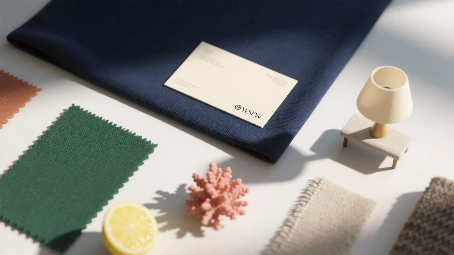 Interior design mood board with fabric samples lemon coral piece small table lamp and business card