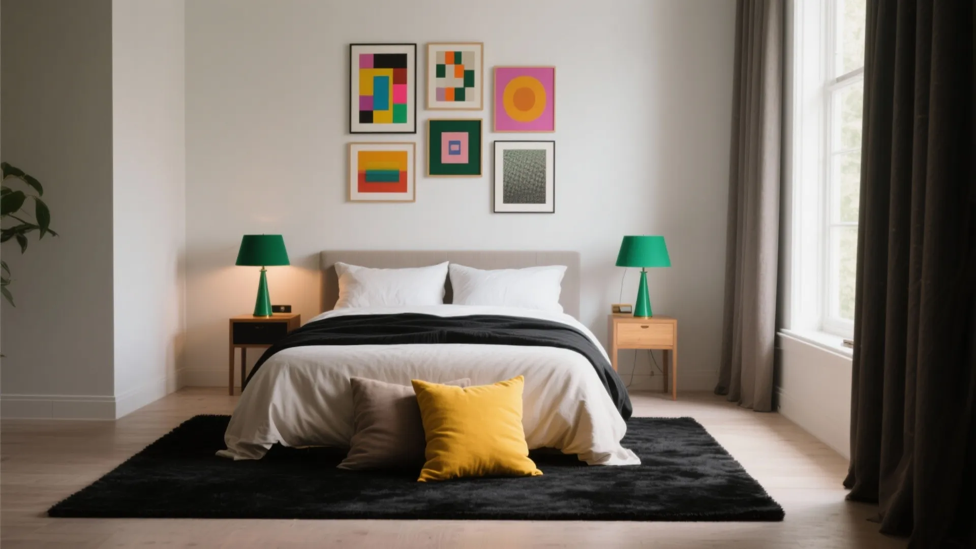 Bedroom with black rug and pops of color: mustard pillow and emerald lamp with gallery wall