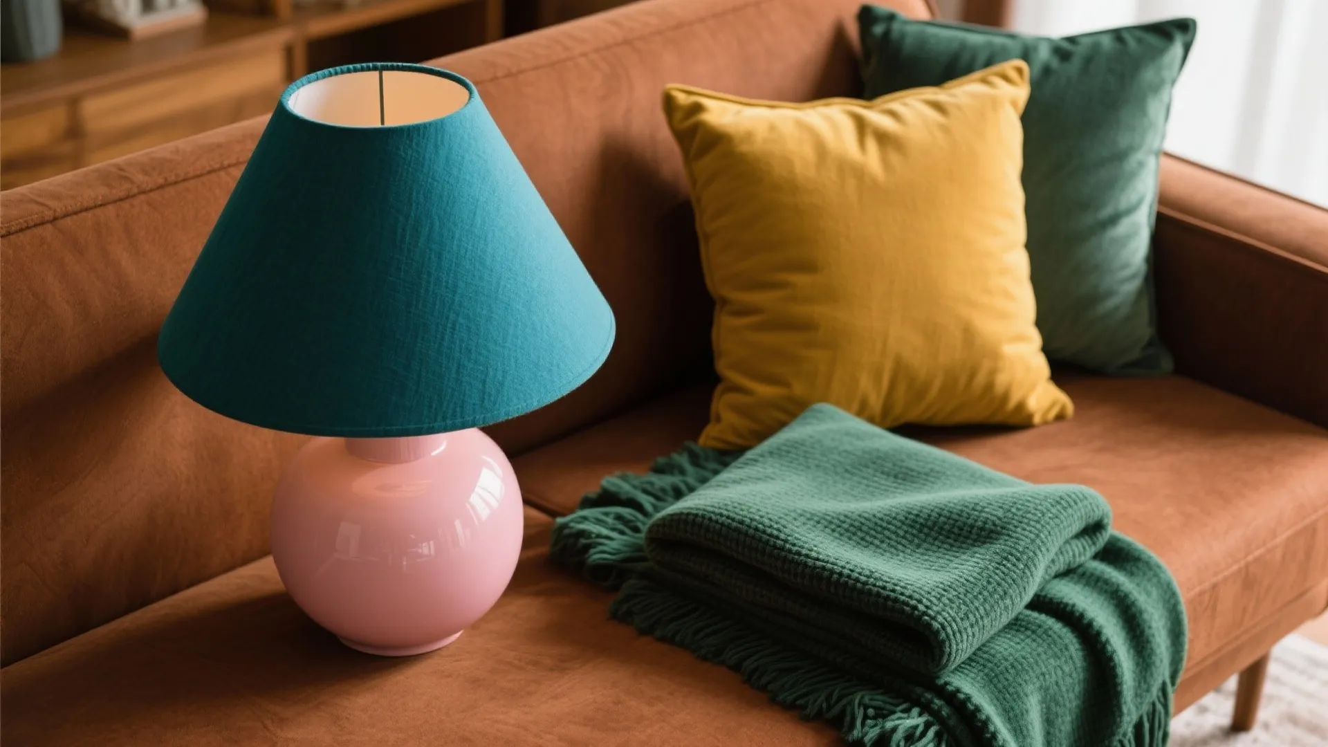 Decor color samples in teal, mustard, green, and pink on brown wood