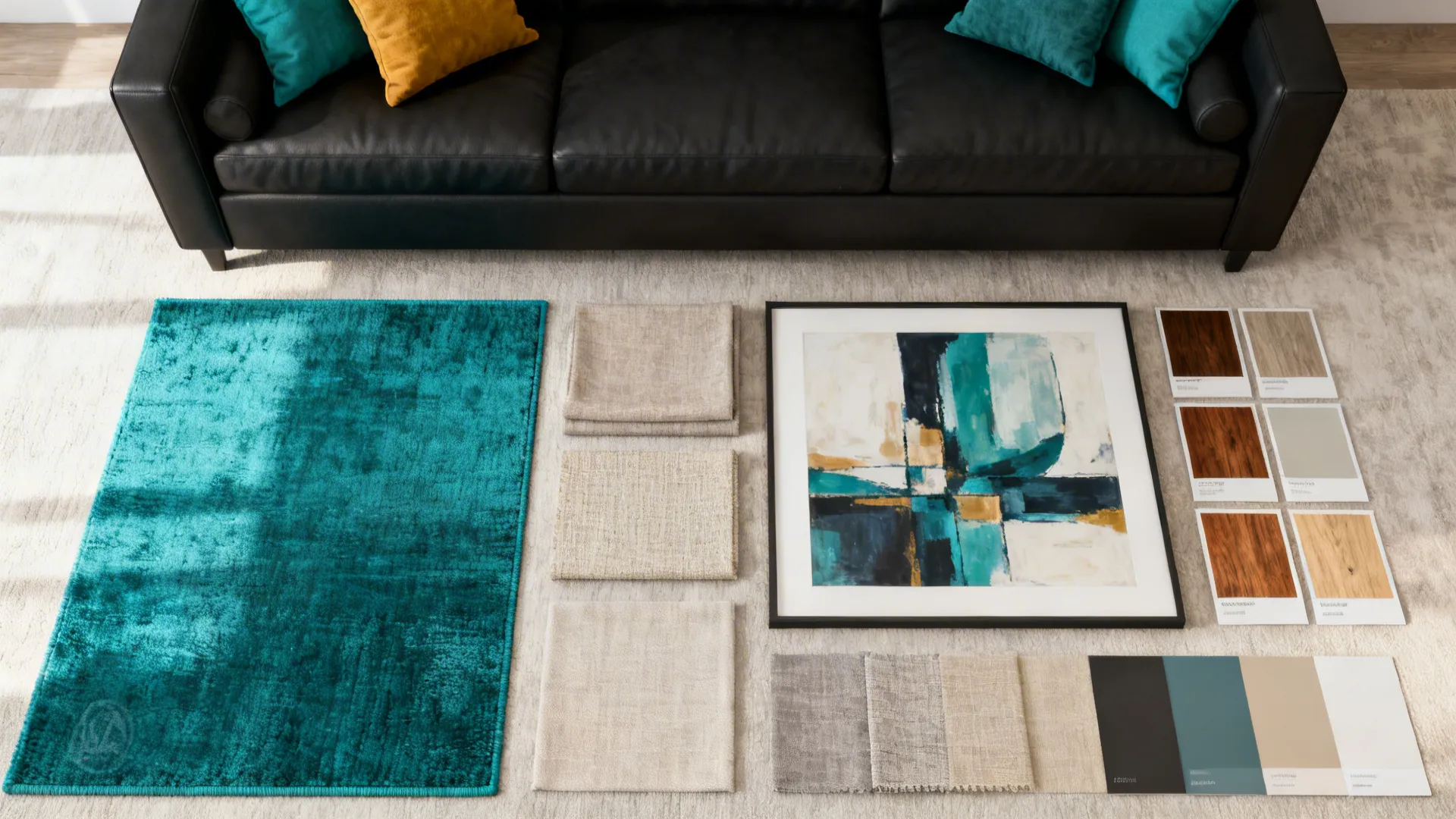 Flatlay of teal rug swatch, art print and colorful pillow samples for styling a black couch