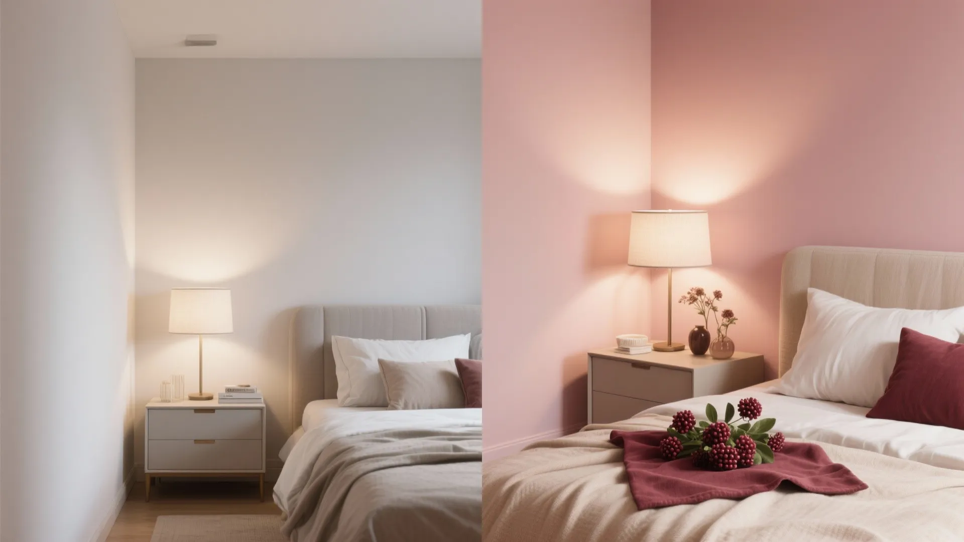 Split image comparison showing white bedroom walls versus warm pink bedroom walls with side table lamps