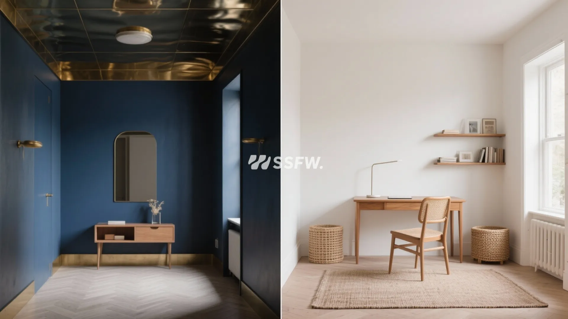 Split view of the same small room with a deep moody palette versus a light airy palette.