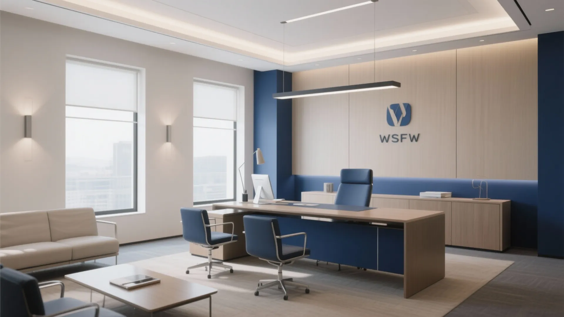 Professional blue and tan office interior featuring wood desk leather chairs and wall light fixtures