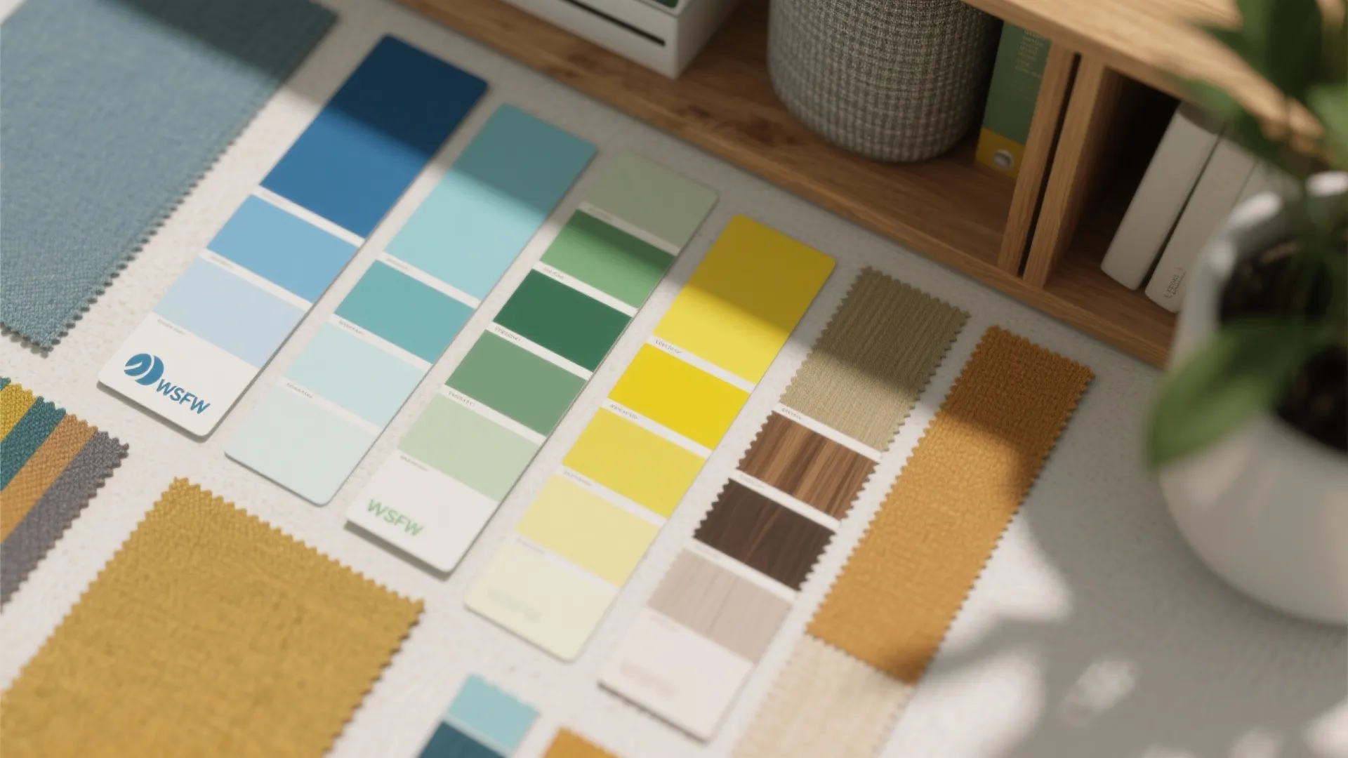 Interior design color swatches in blue green yellow and brown next to fabric material samples