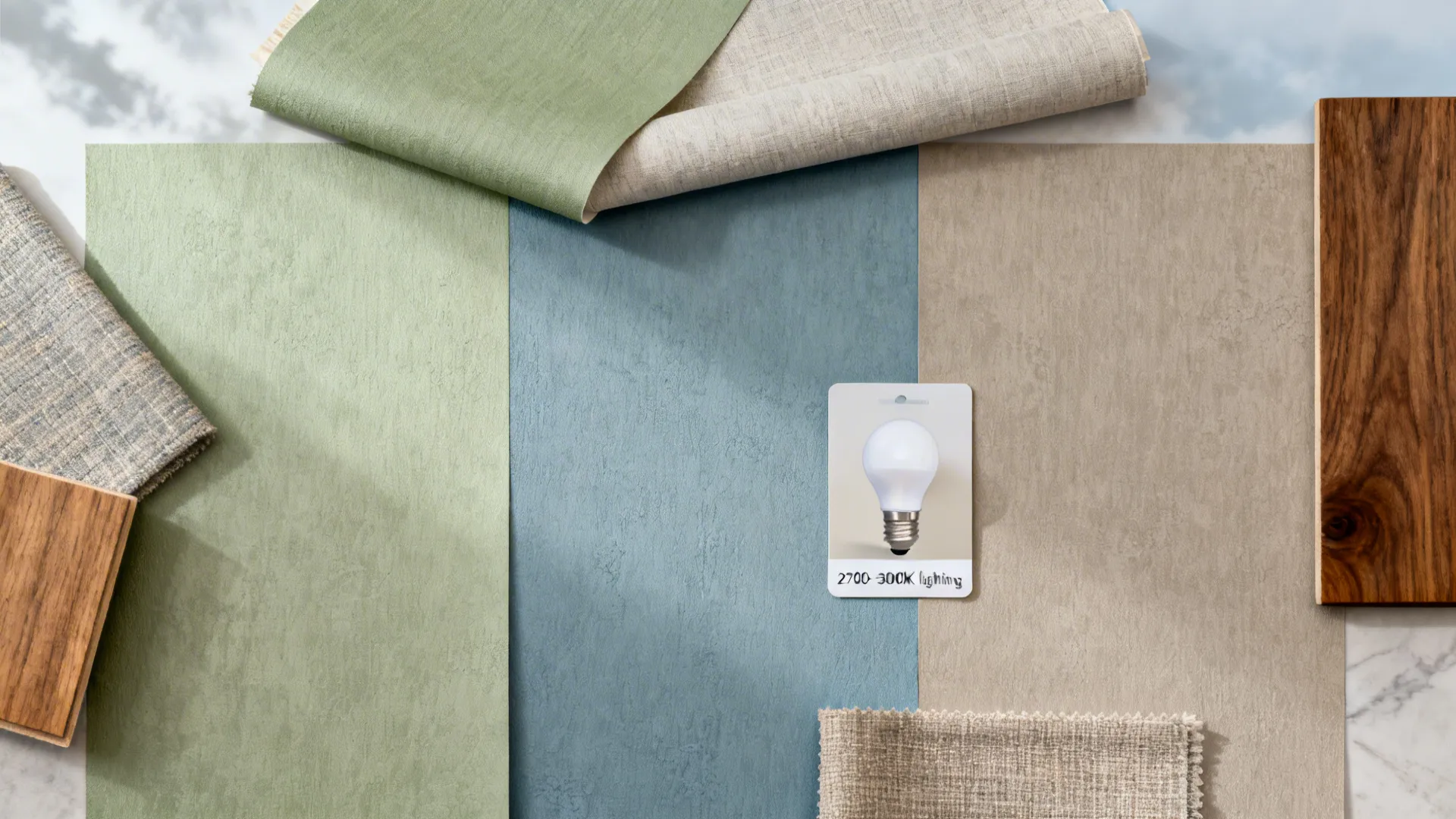 Top-down palette of muted sage, dusty blue, and warm neutral wallpaper swatches with fabrics.