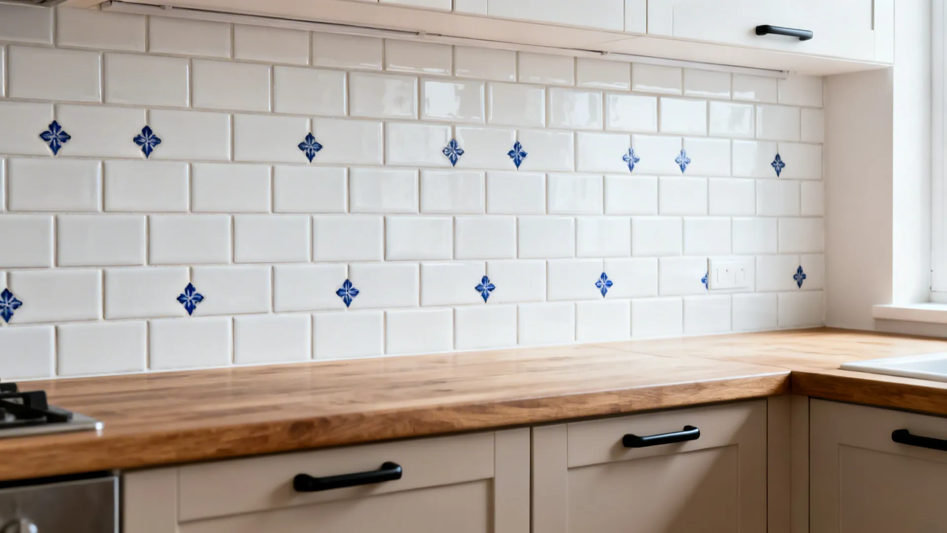 White subway backsplash with sparsely repeated indigo inserts creating a subtle rhythm.