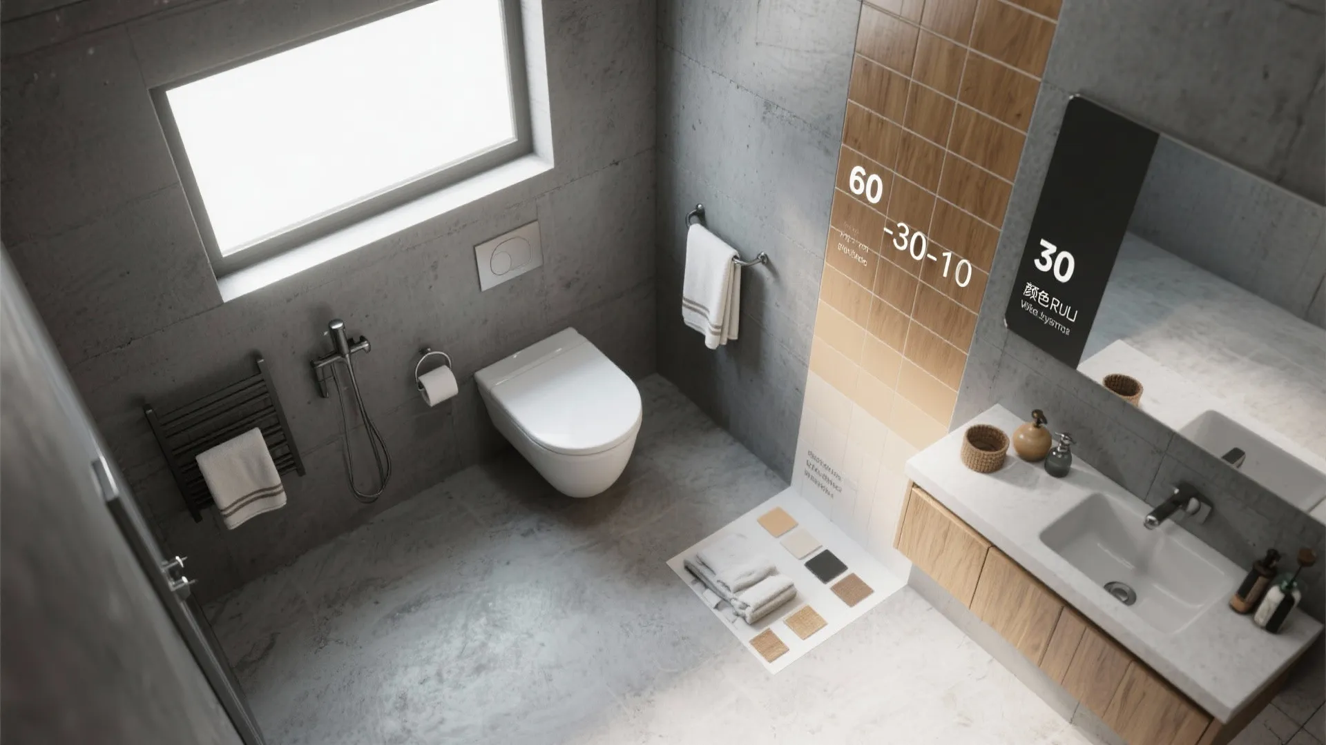 Modern gray bathroom with white toilet wood wall tiles sink vanity window and color rule