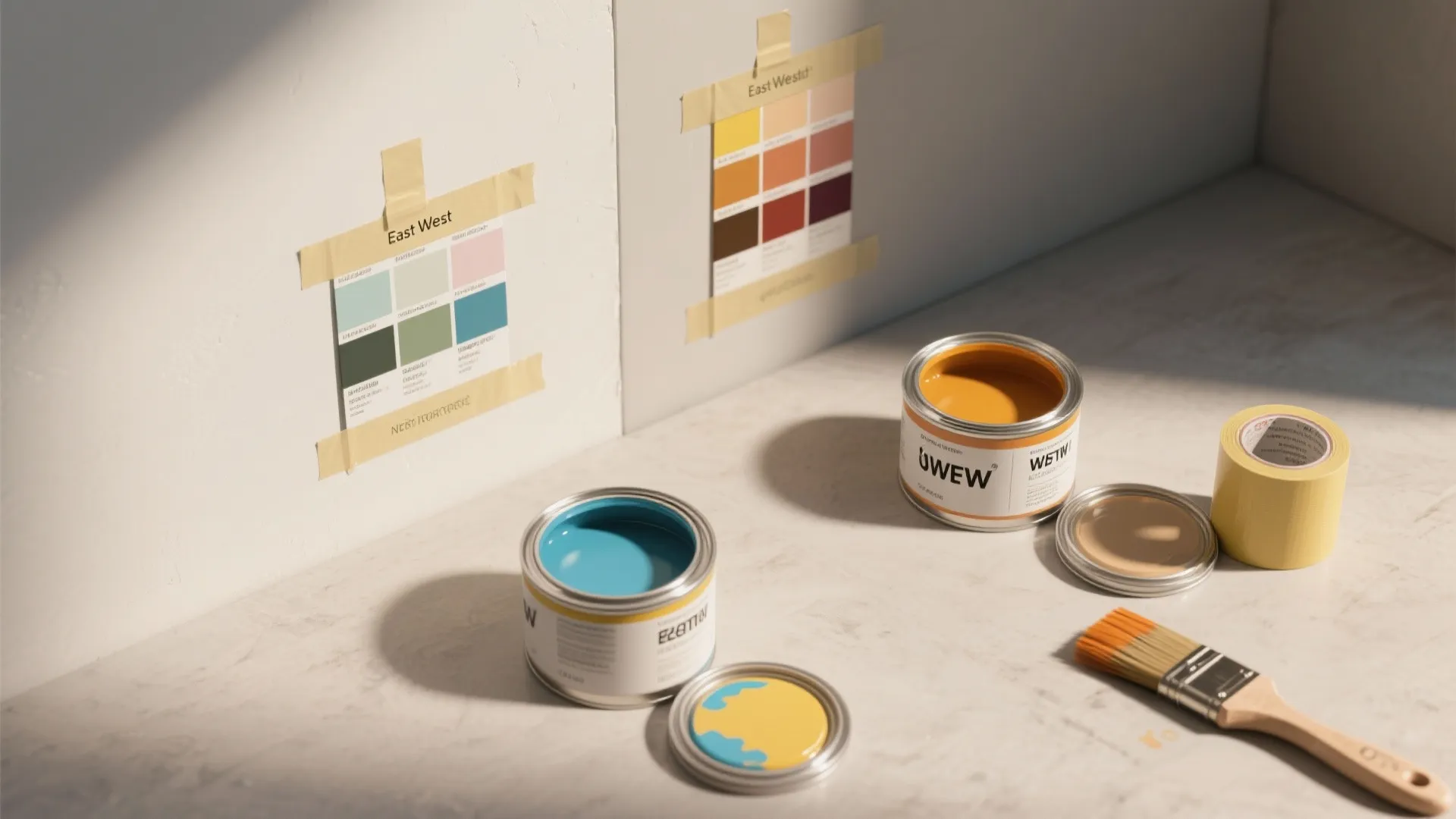 Two open paint cans with colorful swatches taped on white wall and a paint brush