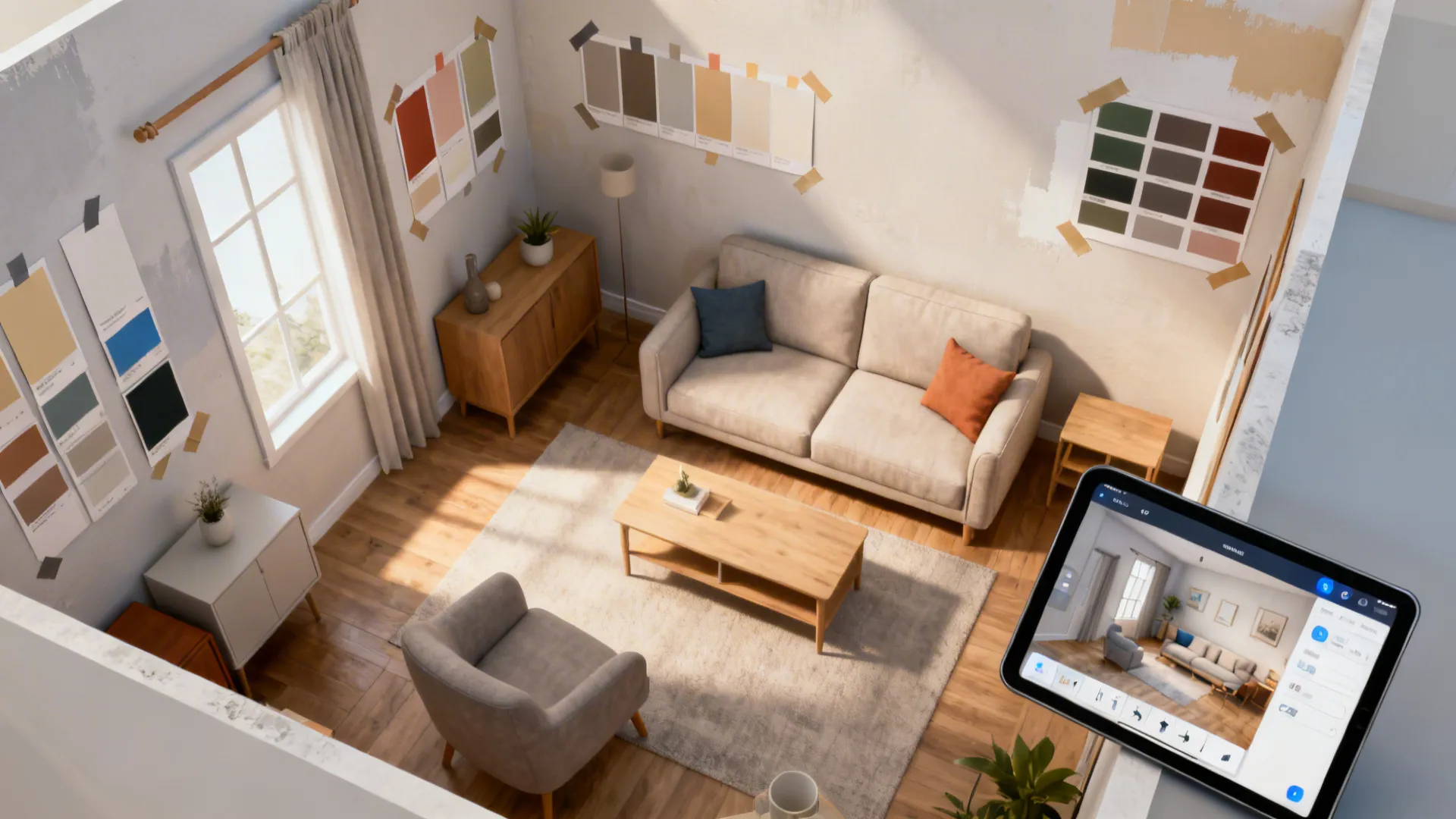 Top-down layout of a small living room with paint swatches and a tablet showing a 3D planner.
