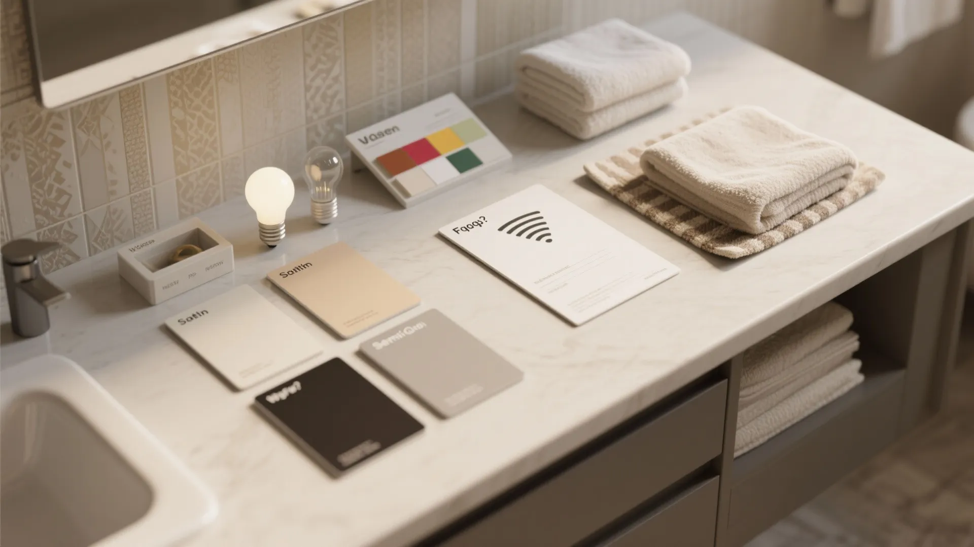 Top-down arrangement of paint finish cards, wallpaper swatches, lighting and textile samples for bathroom FAQs.