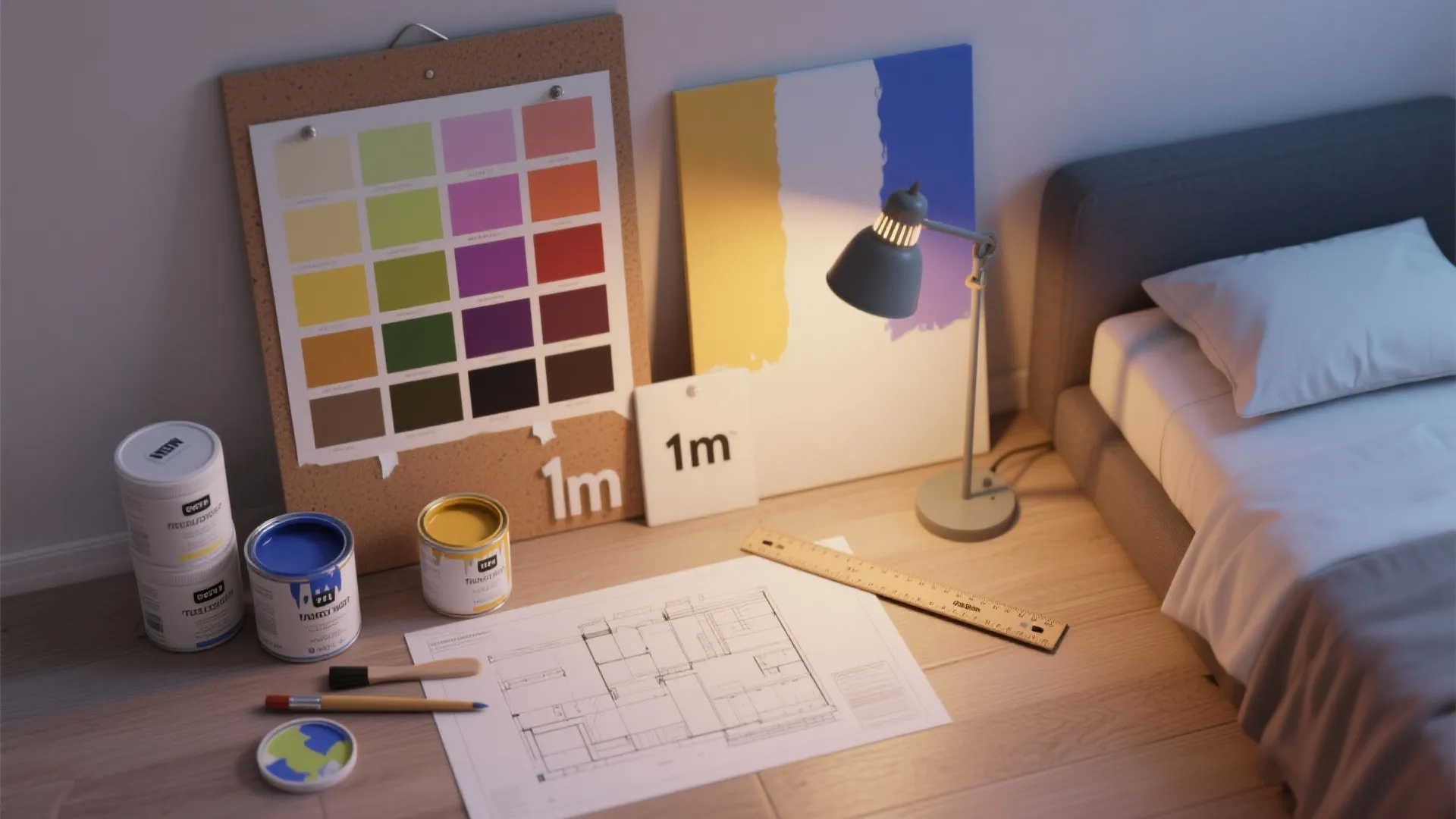 Interior design drawing with color paint samples cans brushes and a desk light on floor