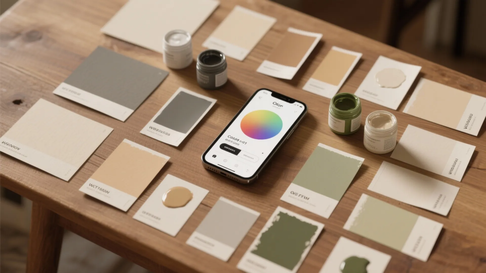 Top-down flatlay of paint chips, small sample pots, and a smartphone showing a paint code on a wooden table