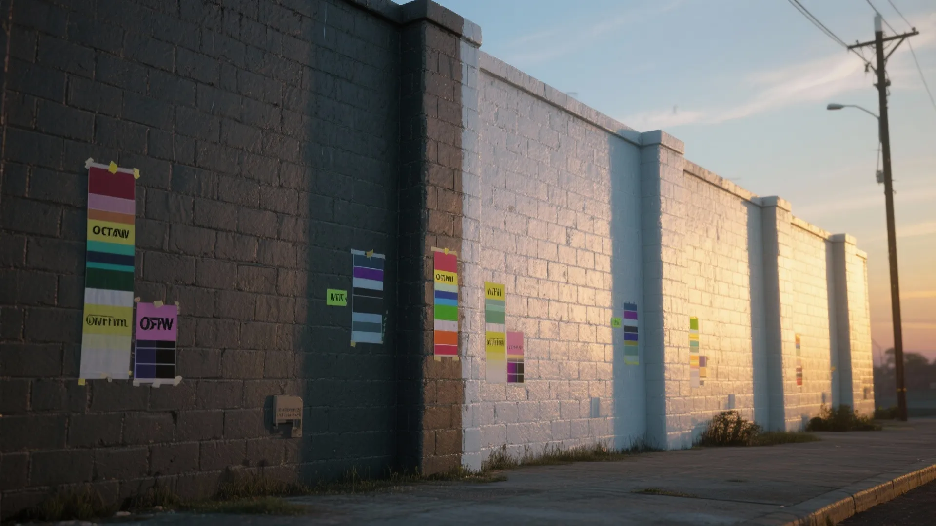 Outdoor wall with various color sample posters showing different paint shades for home exterior decoration