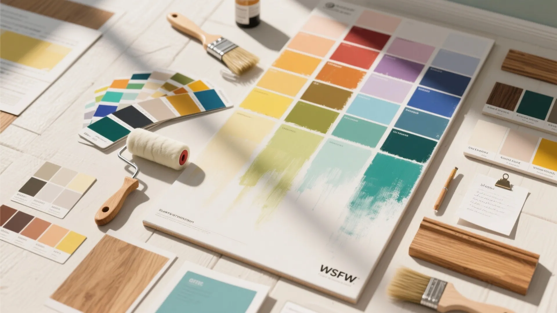 Top-down flatlay of paint swatches, large sample boards, brushes and wood trim samples for testing colors.