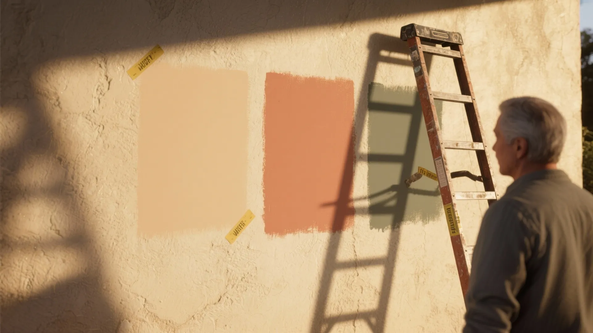 Man looking at three different paint color samples on a textured outdoor house wall surface