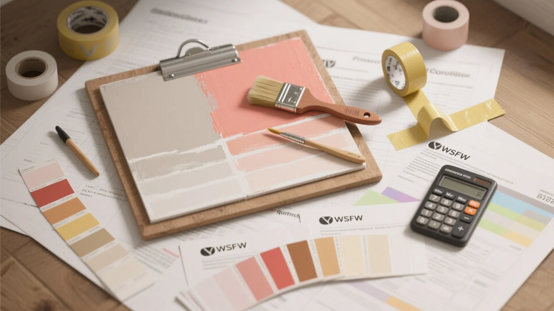 Flat lay of color swatches, painted mock-up board, brushes and contractor quotes for testing colors and budgets