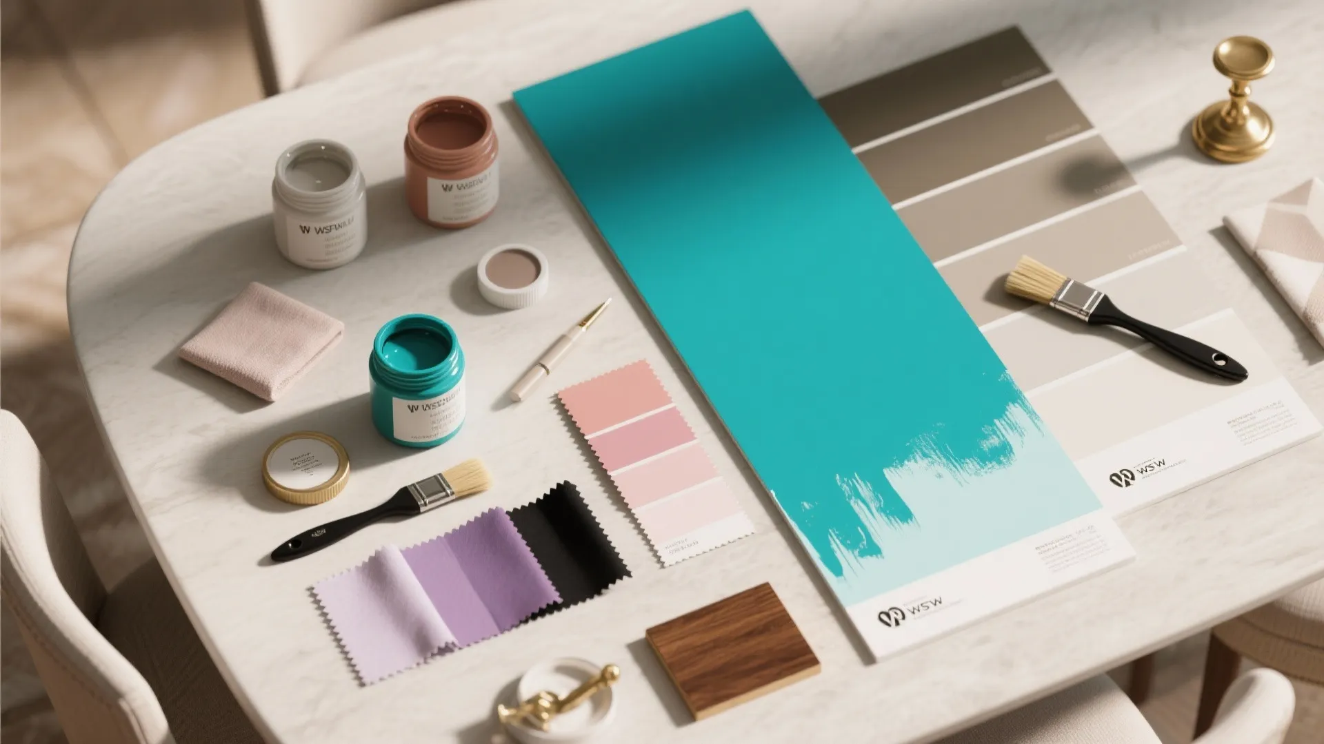 Interior design color samples flatlay with paint cans brushes fabric swatches and wood on table