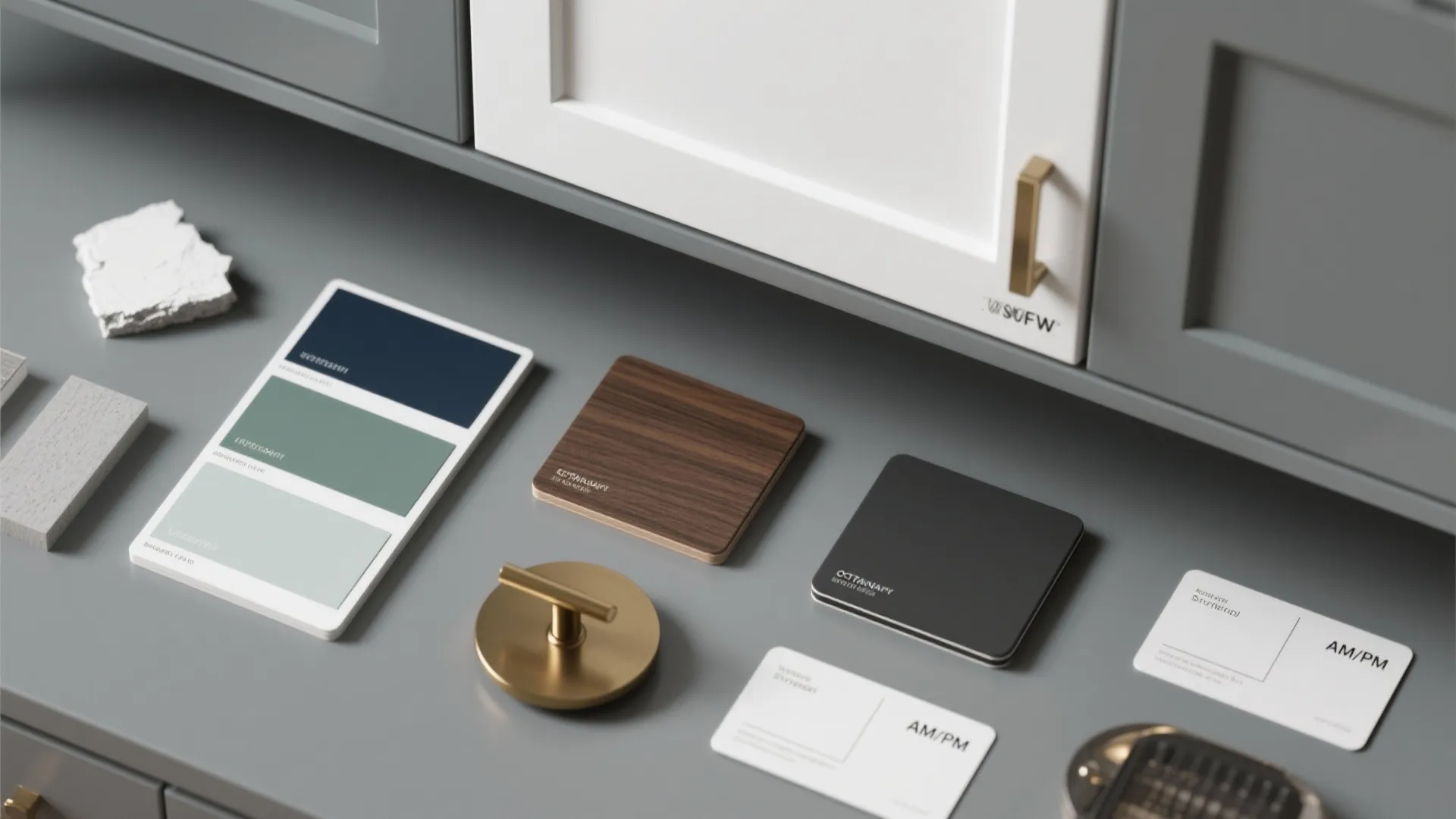 Interior design color samples wood tiles and gold handles on a gray table for planning