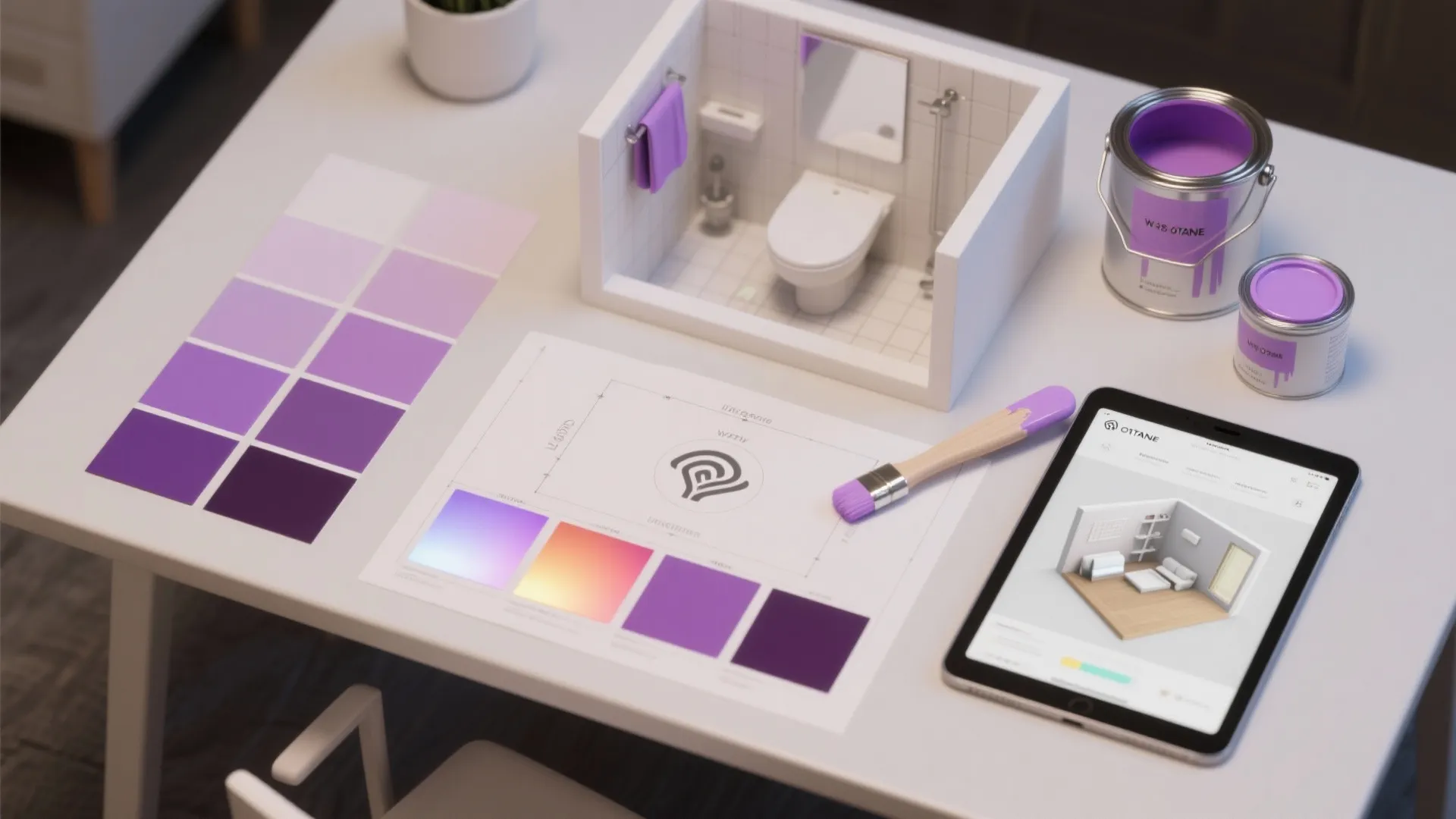 Table with purple paint cans color samples tablet showing interior design and small bathroom model